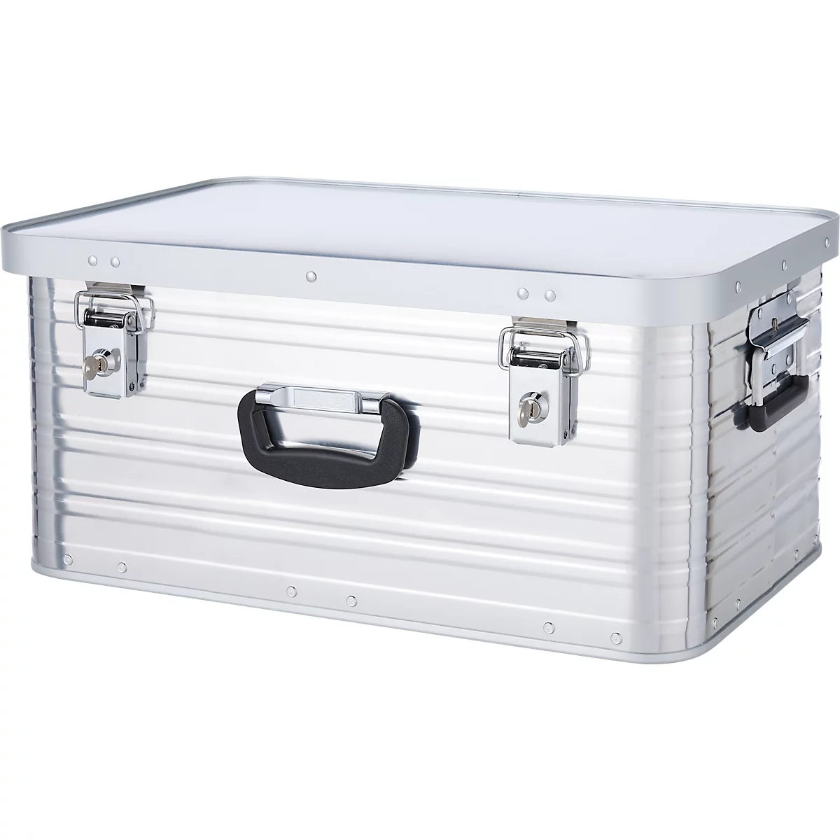 Silberne Aluminiumbox mit schwarzem Griff und zwei Verschlüssen.