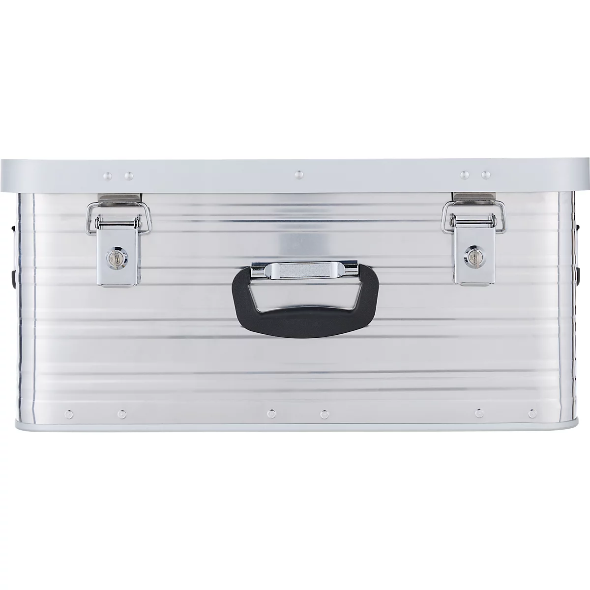 Silberne Aluminiumbox mit schwarzem Griff und silbernen Verschlüssen.