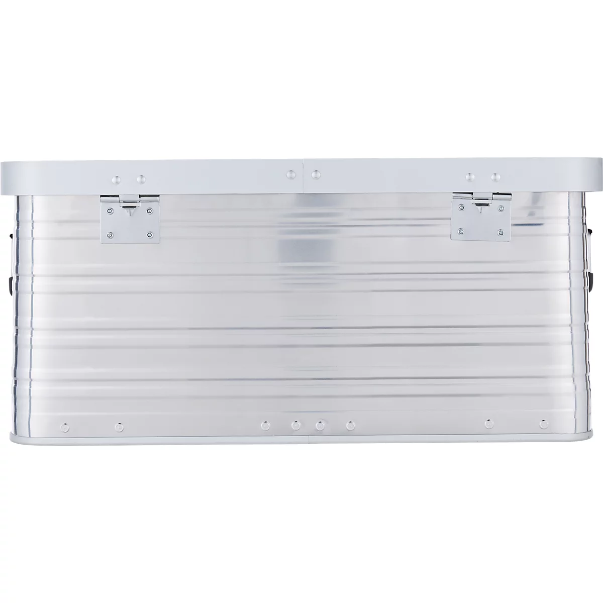 Aluminiumkoffer mit geriffelter Oberfläche, helle Scharniere und Halterungen.