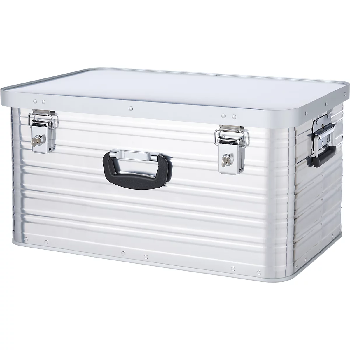 Silberne Aluminiumbox mit Deckel, Griffen und Verschlüssen.