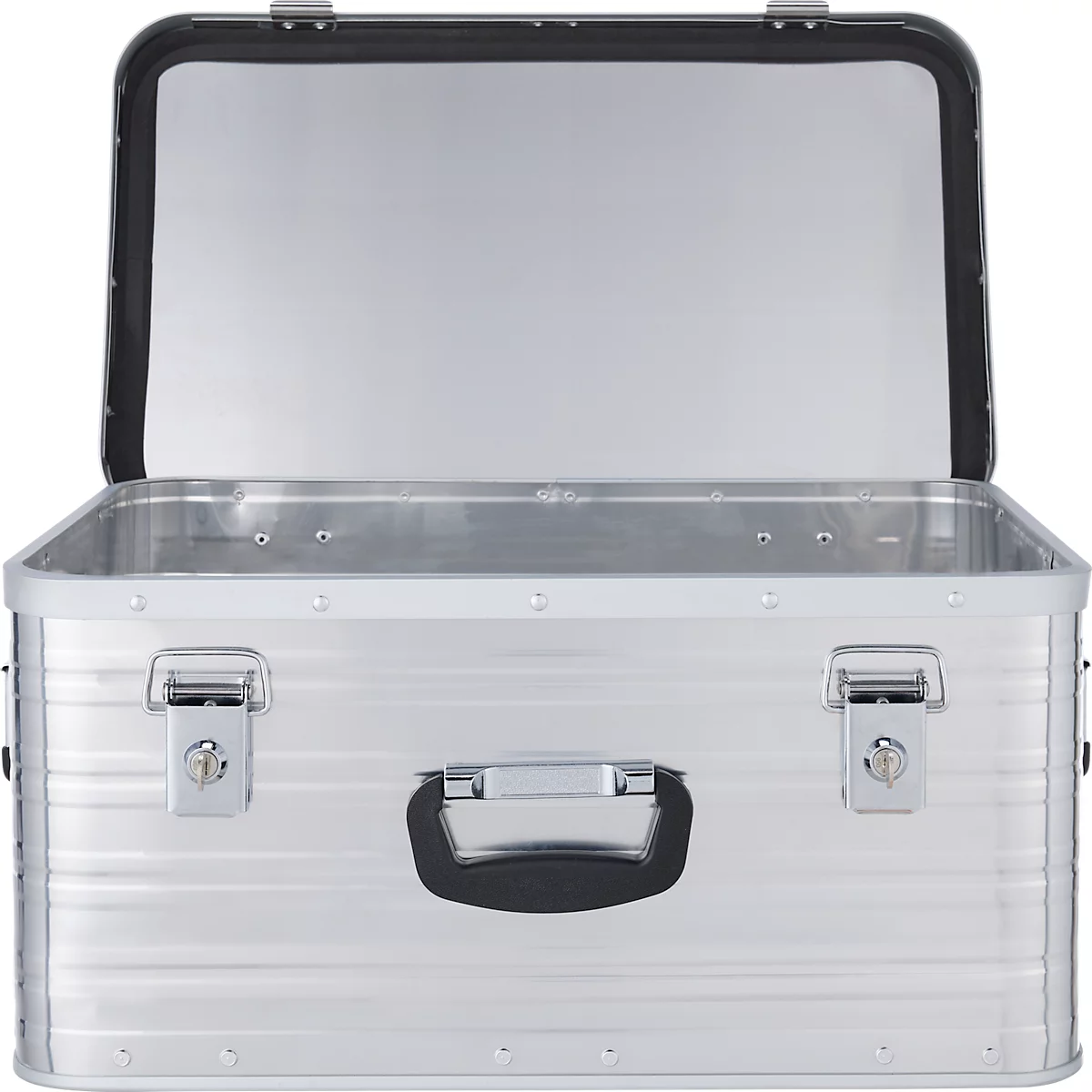 Offene silberne Aluminiumbox mit schwarzem Griff und Verschlüssen.