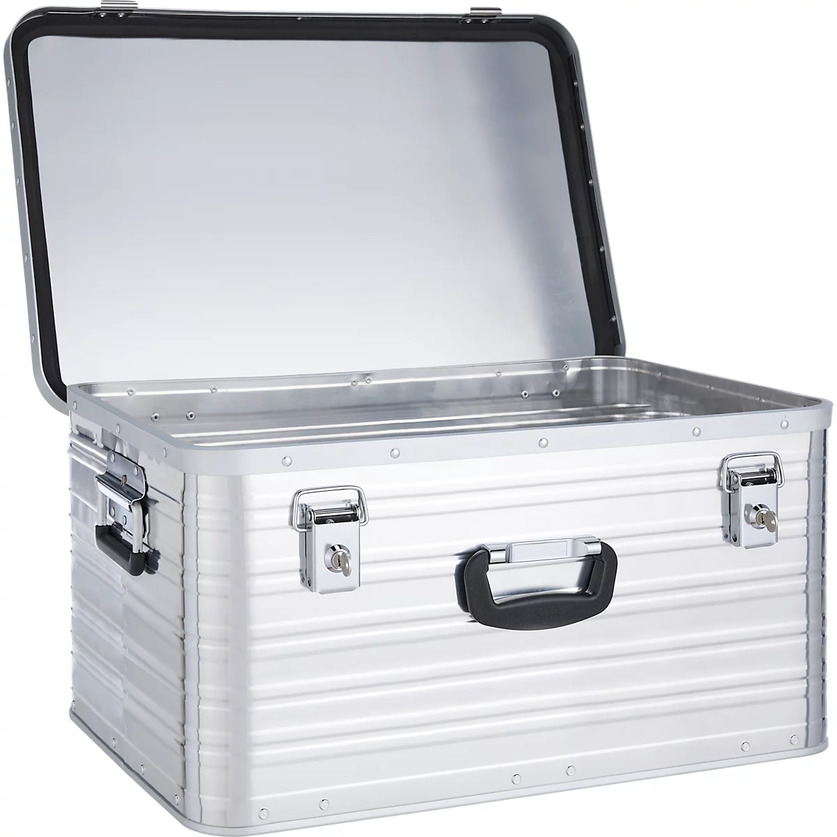 Silberne, offene Transportbox mit schwarzen Griffen und Verschlüssen.