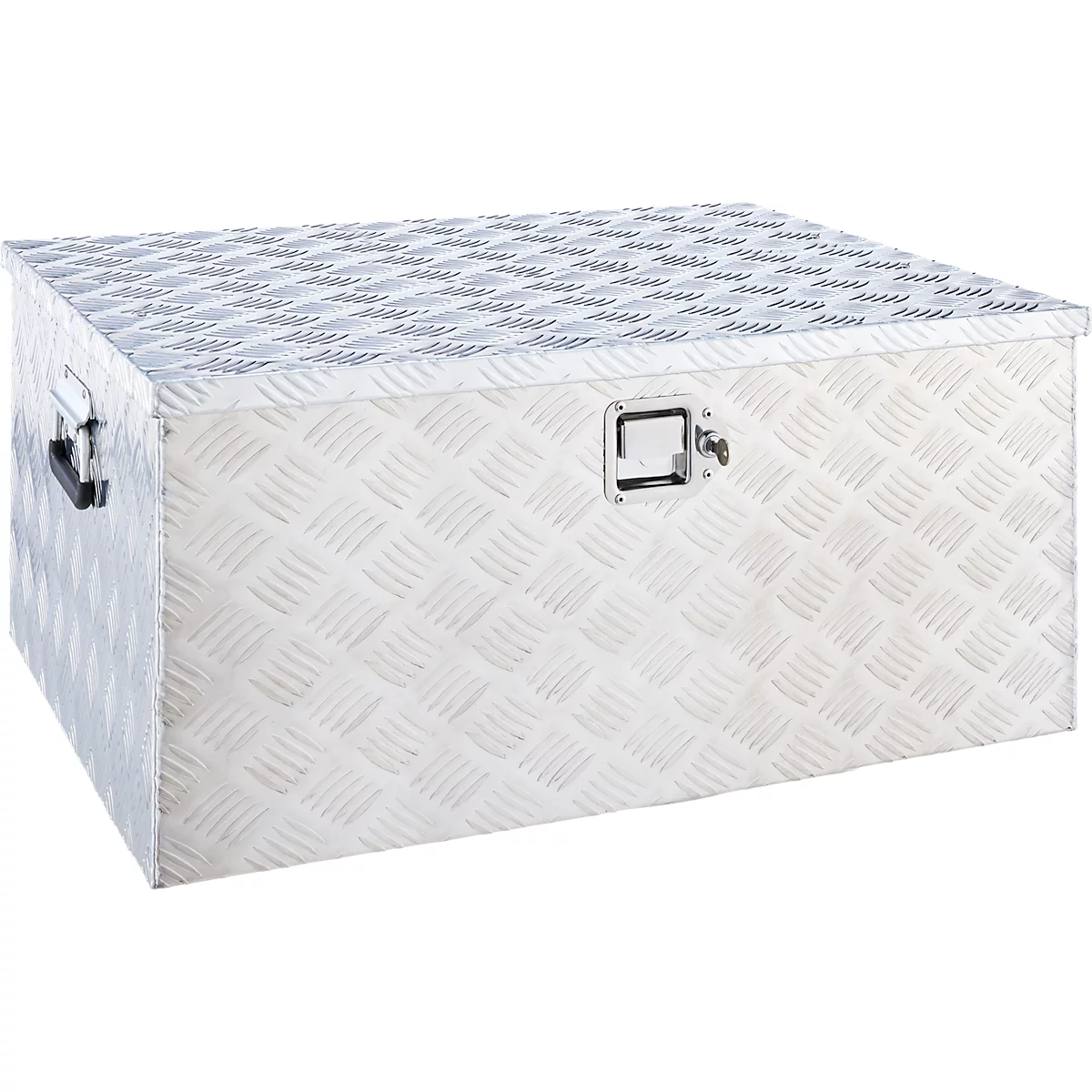 Aluminiumbox mit Riffelblechmuster. Sie hat einen Deckel mit Griff und ist für den Transport oder die Lagerung von Gegenständen gedacht.