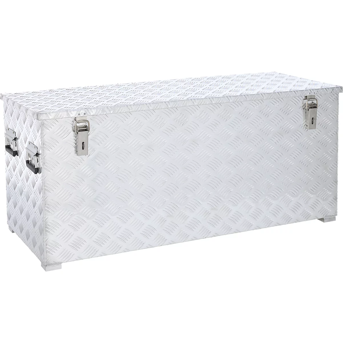 Silberne Aluminium-Werkzeugkiste mit Riffelblechmuster und zwei Verschlüssen.