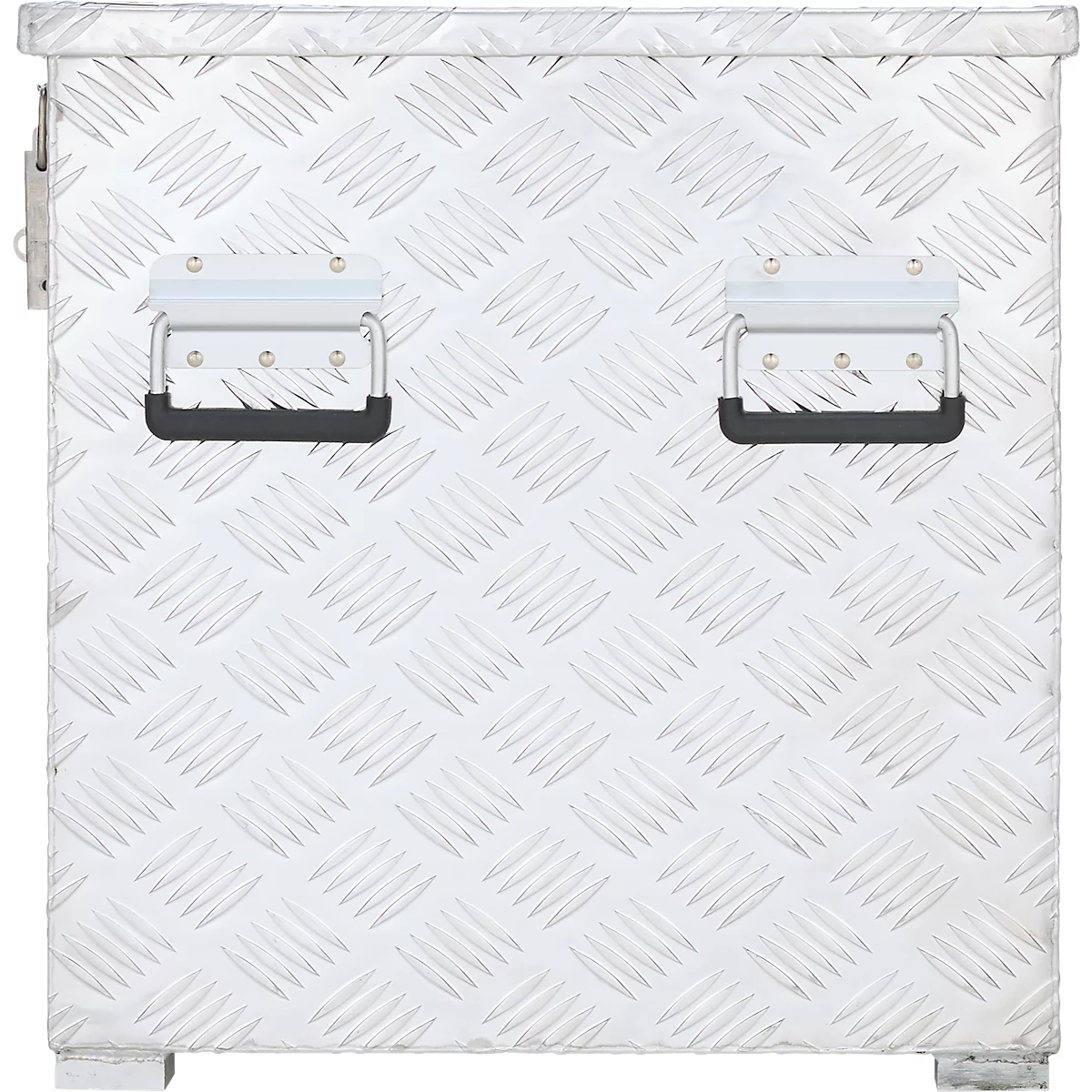 Eine robuste Aluminiumbox mit Riffelblechmuster, zwei Griffen und einem Verschluss.