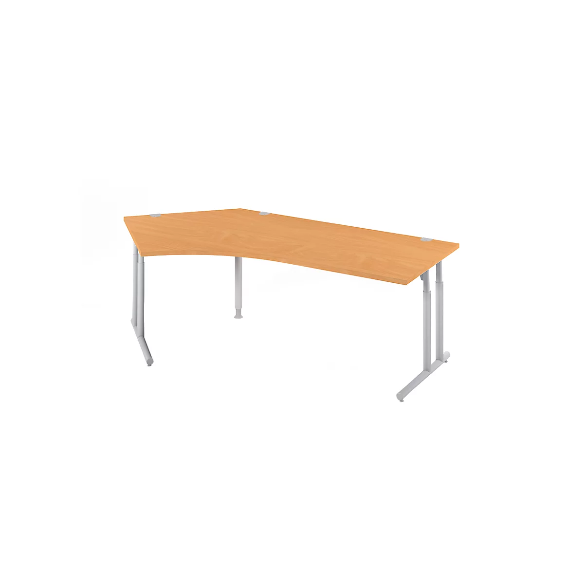 Wooden desk with light metal legs, light wood finish on a white background.