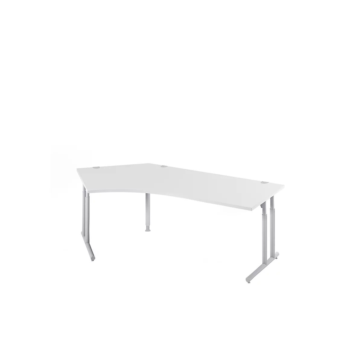 White ergonomic desk with gray height-adjustable legs, against a white background.