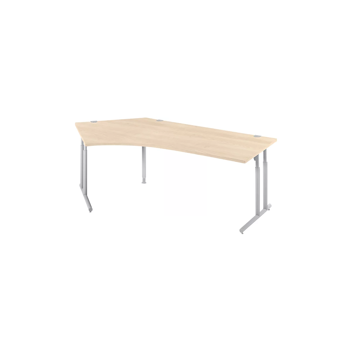 Light brown corner desk with silver, height-adjustable legs. The desk is set against a white background.