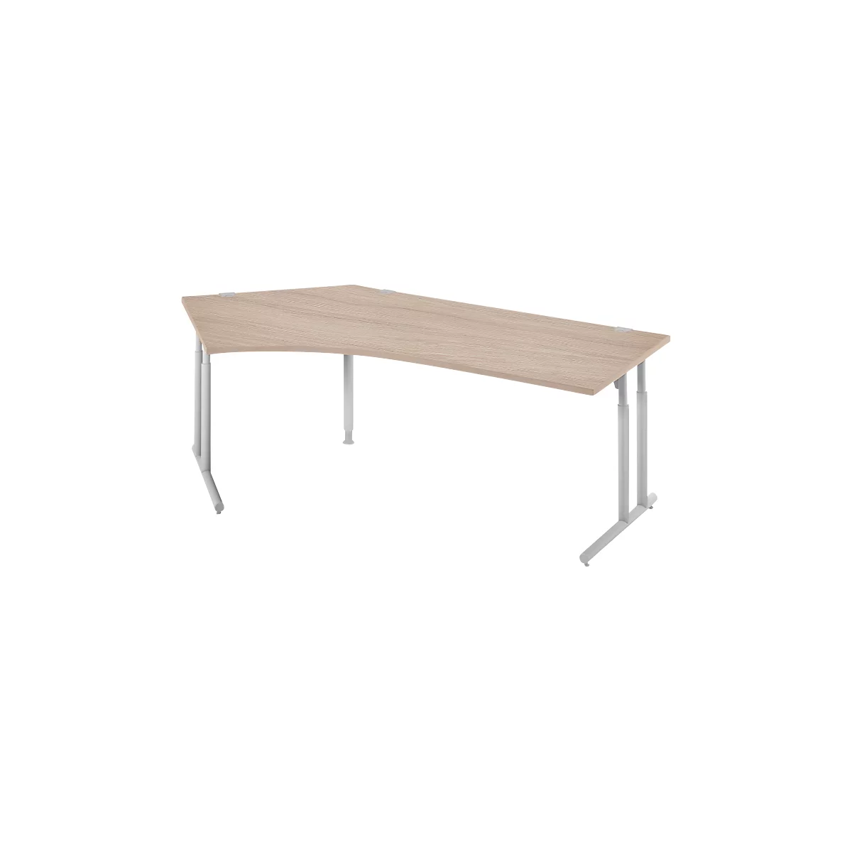 Beige corner desk with light, height-adjustable legs. Wood look.