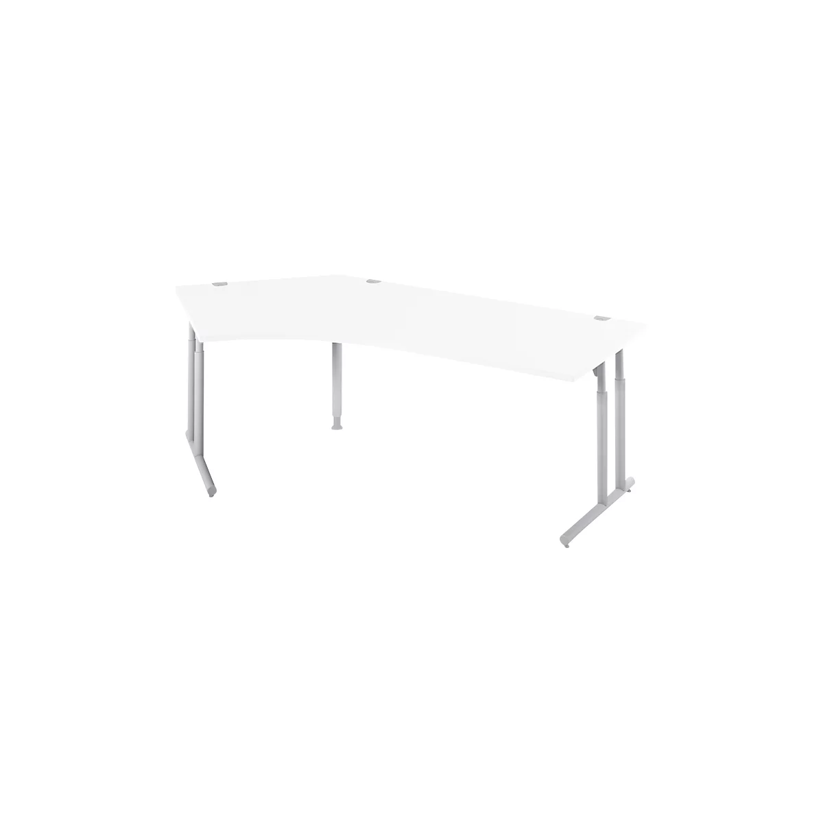 A white corner desk with silver legs. The desk is empty, ideal for a home office.