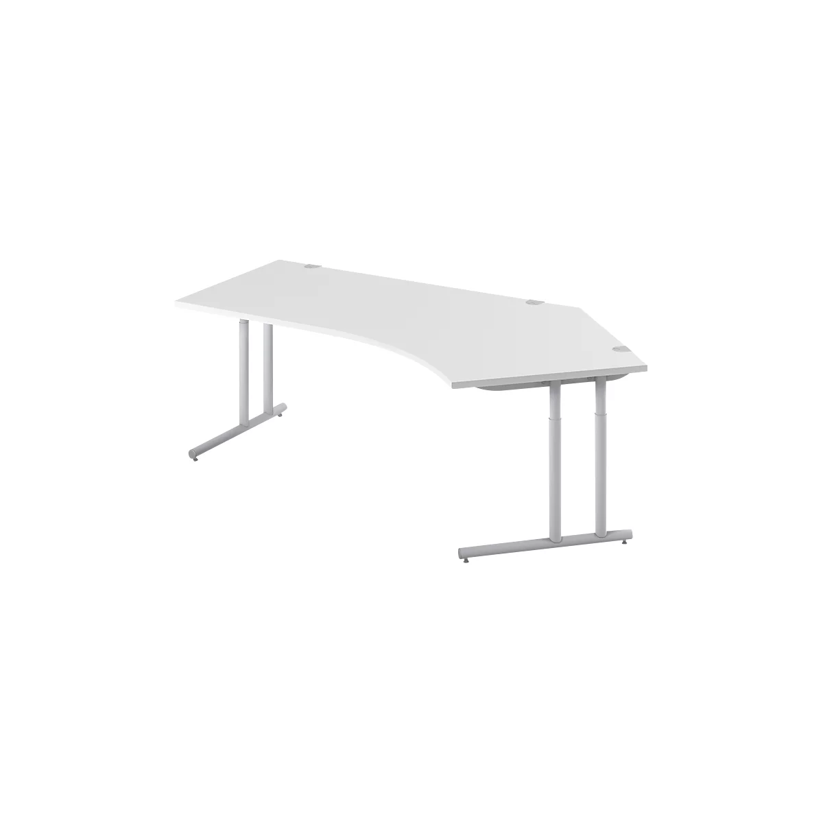 A white corner desk with silver legs, standing at an angle.