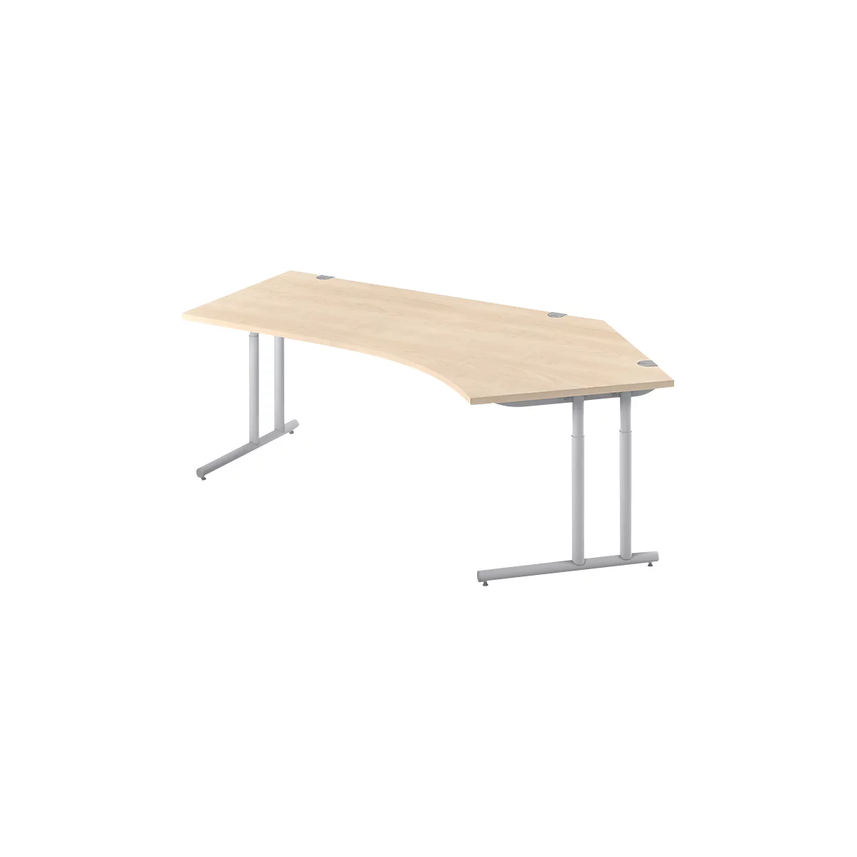 An ergonomic desk with a light brown wooden top and silver legs, adjustable in height.