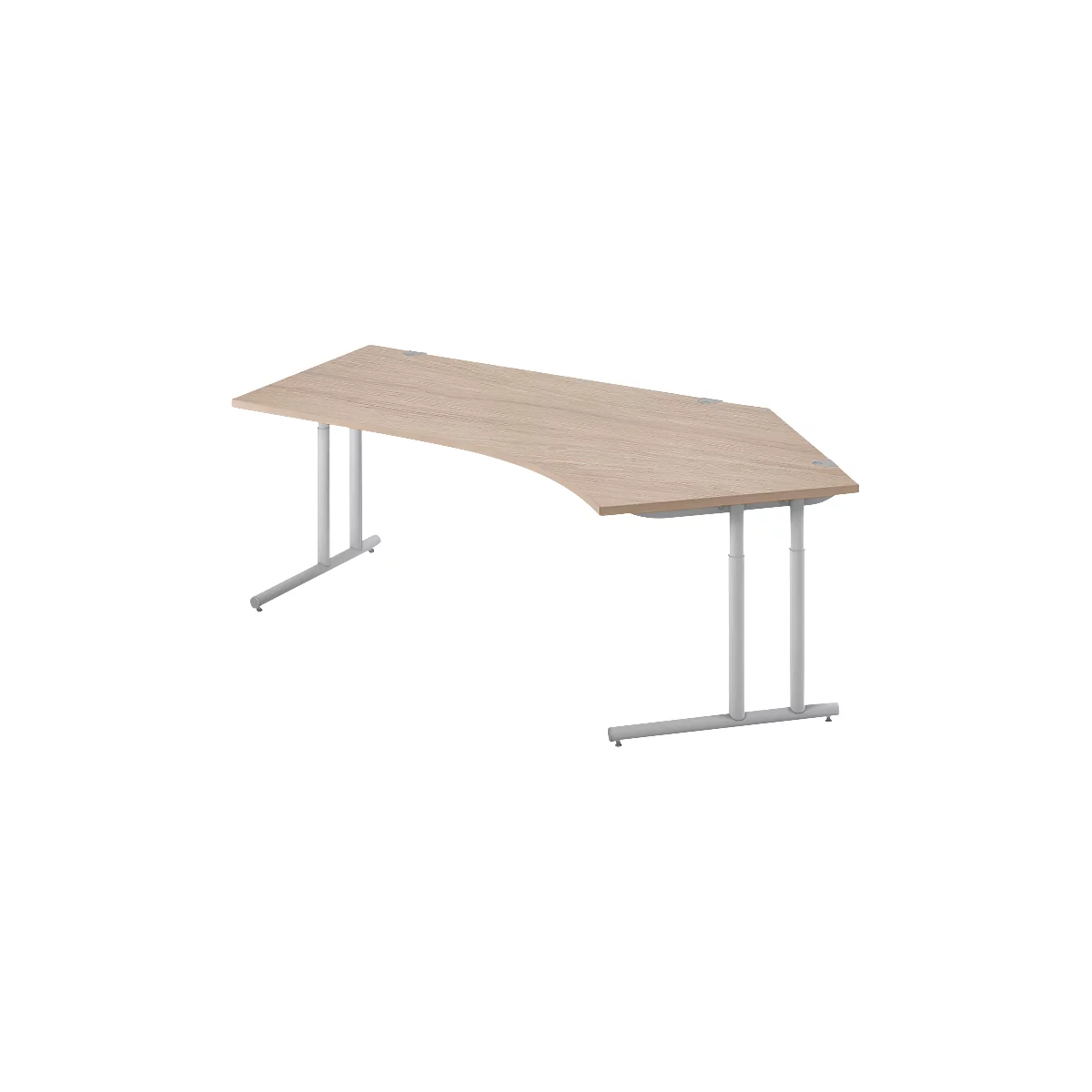 A light-colored, curved desk with silver legs. The tabletop has a wood grain.