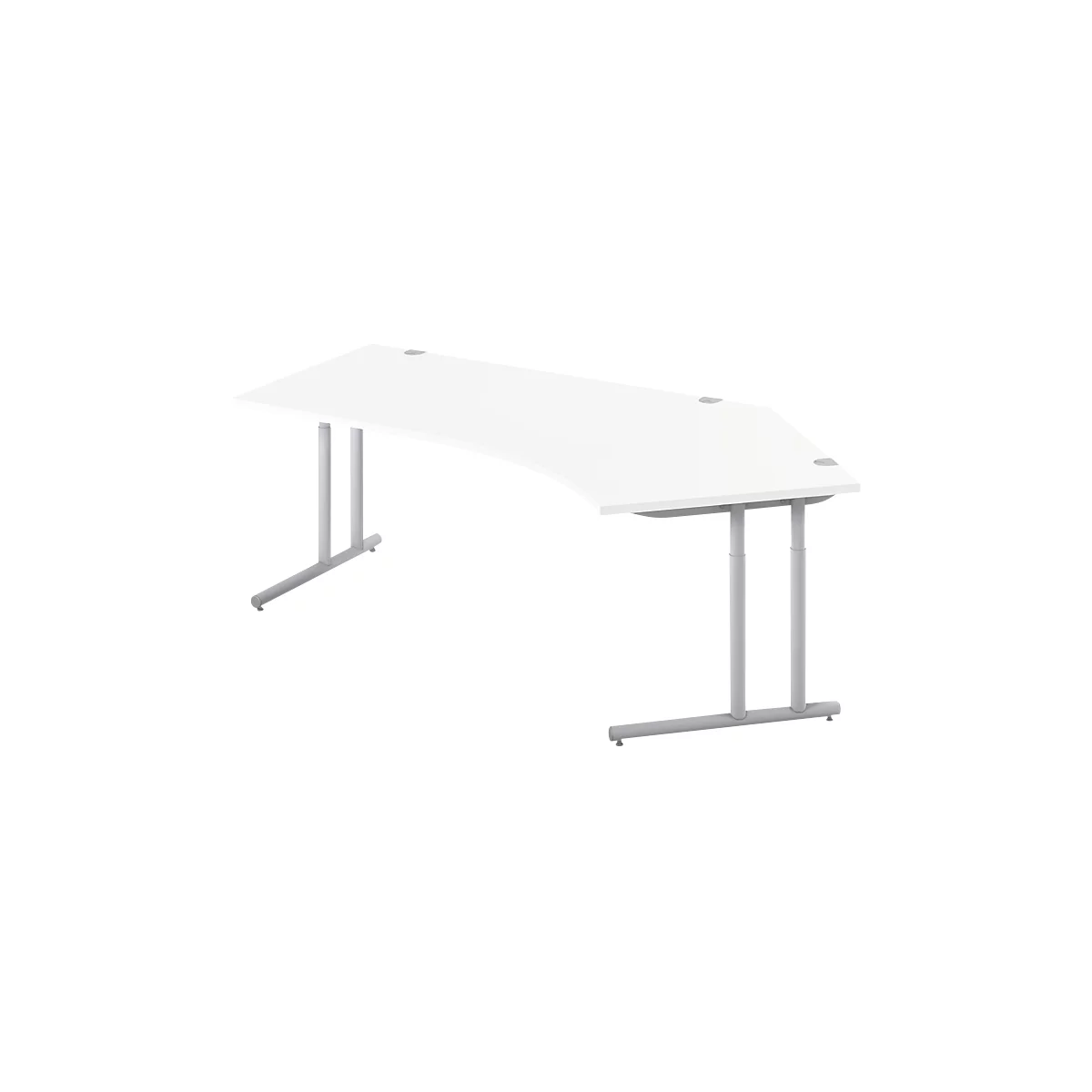 White curved desk with silver legs. Hole for cables and round connectors.