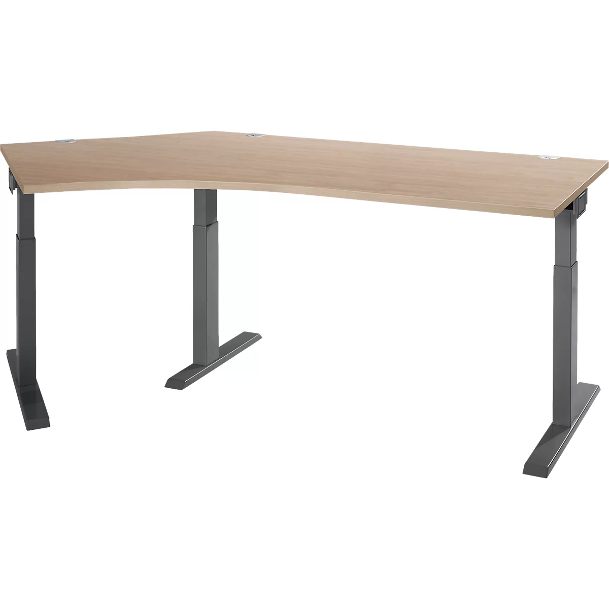 An ergonomic L-shaped desk with adjustable height and gray legs.