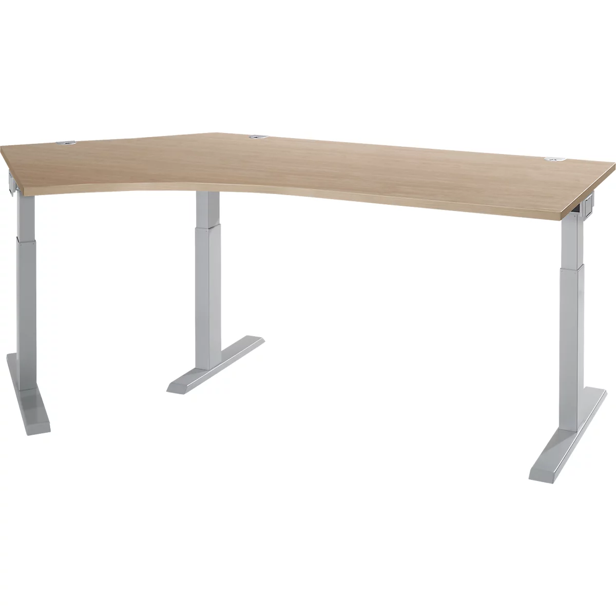 A corner desk with a light wood top and silver height-adjustable legs.