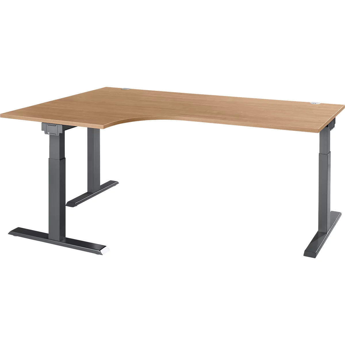 Wooden corner desk with gray, height-adjustable legs. The table top is light brown, with a curved corner.