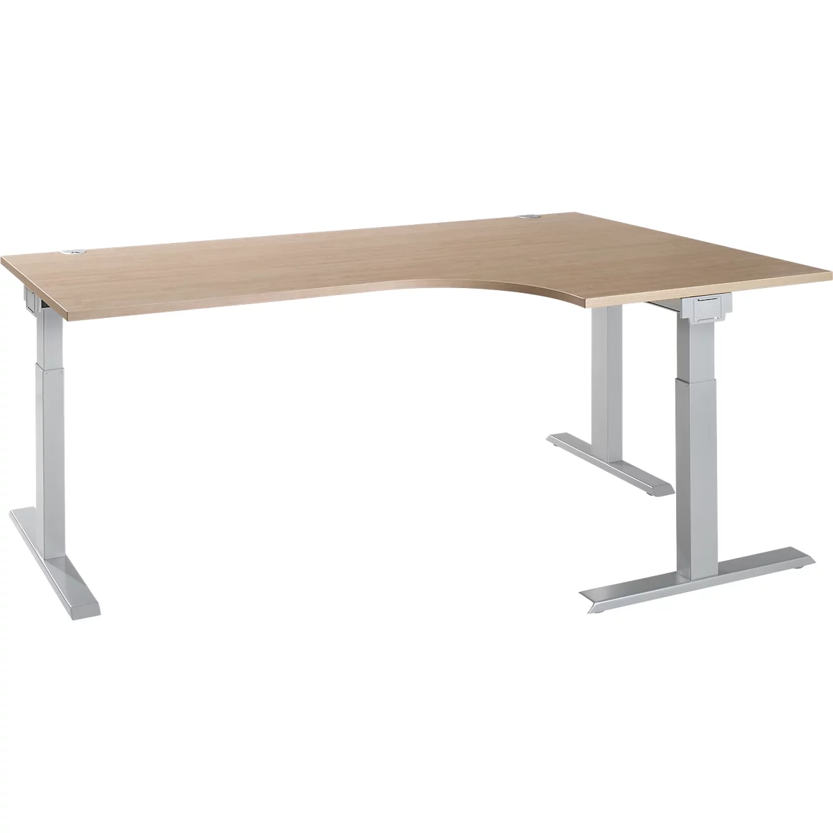 A height-adjustable corner desk with a light wood top and silver-gray legs.