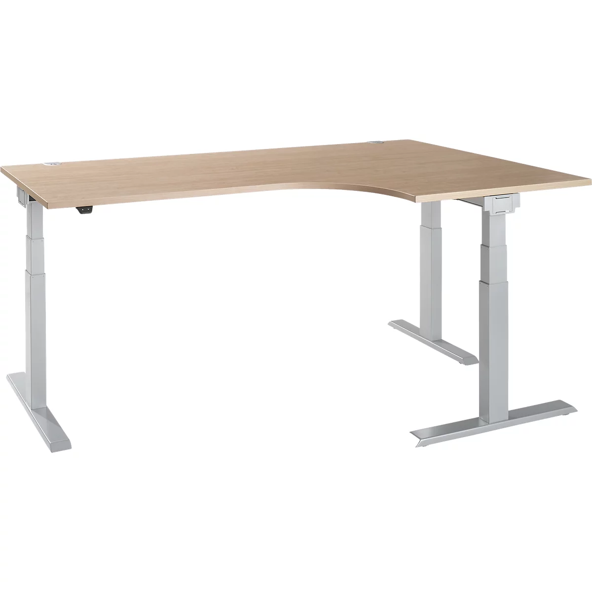 Corner desk, light wood, gray adjustable legs. Curved corner, modern design.