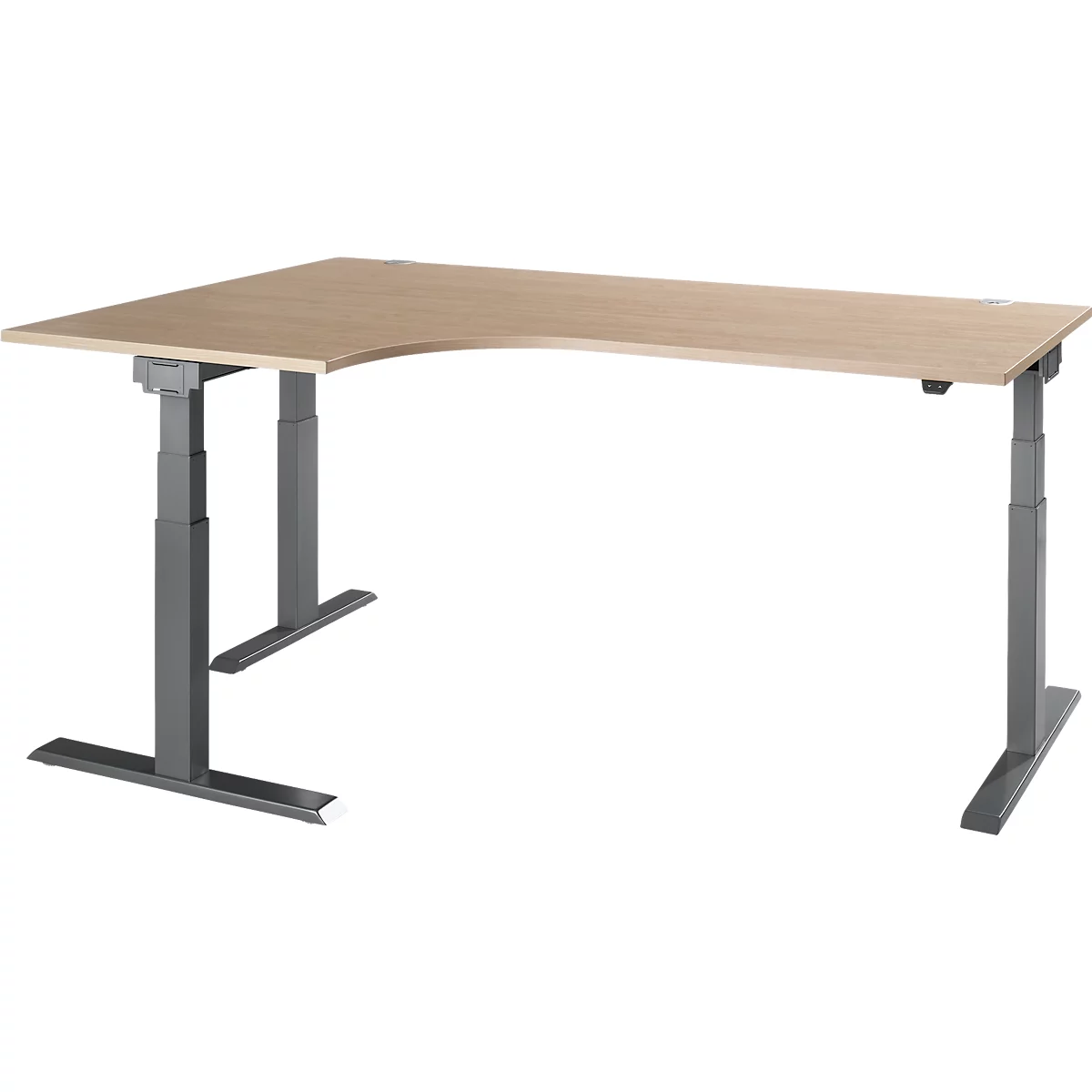 Light-colored corner desk made of wood, height-adjustable, gray metal legs.