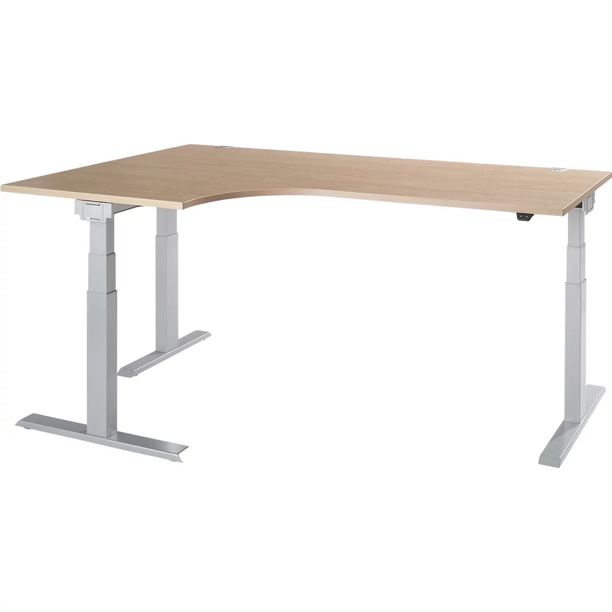 An adjustable corner desk with a light brown tabletop and grey legs, against a white background.