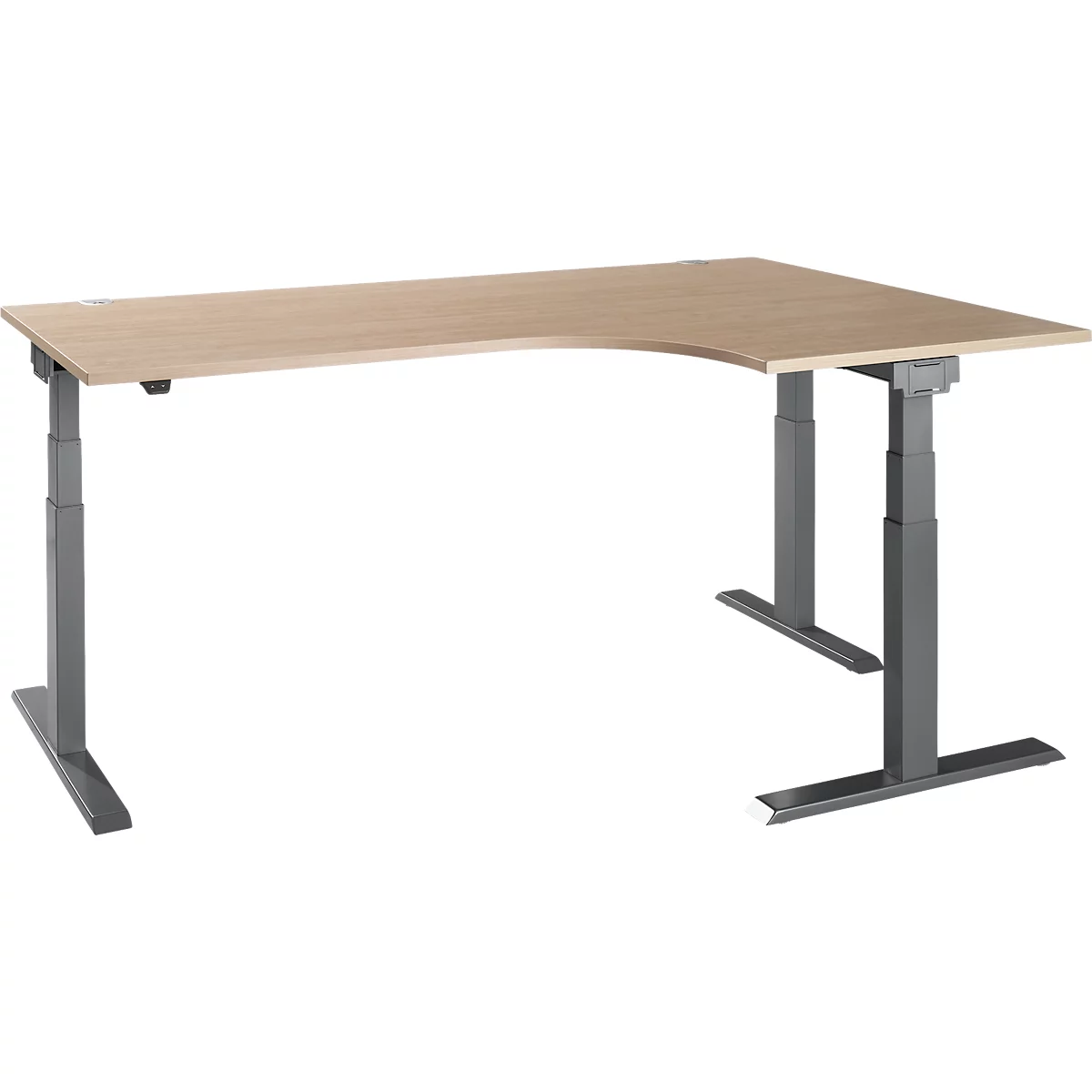 Corner desk with light brown tabletop and gray, height-adjustable frame.