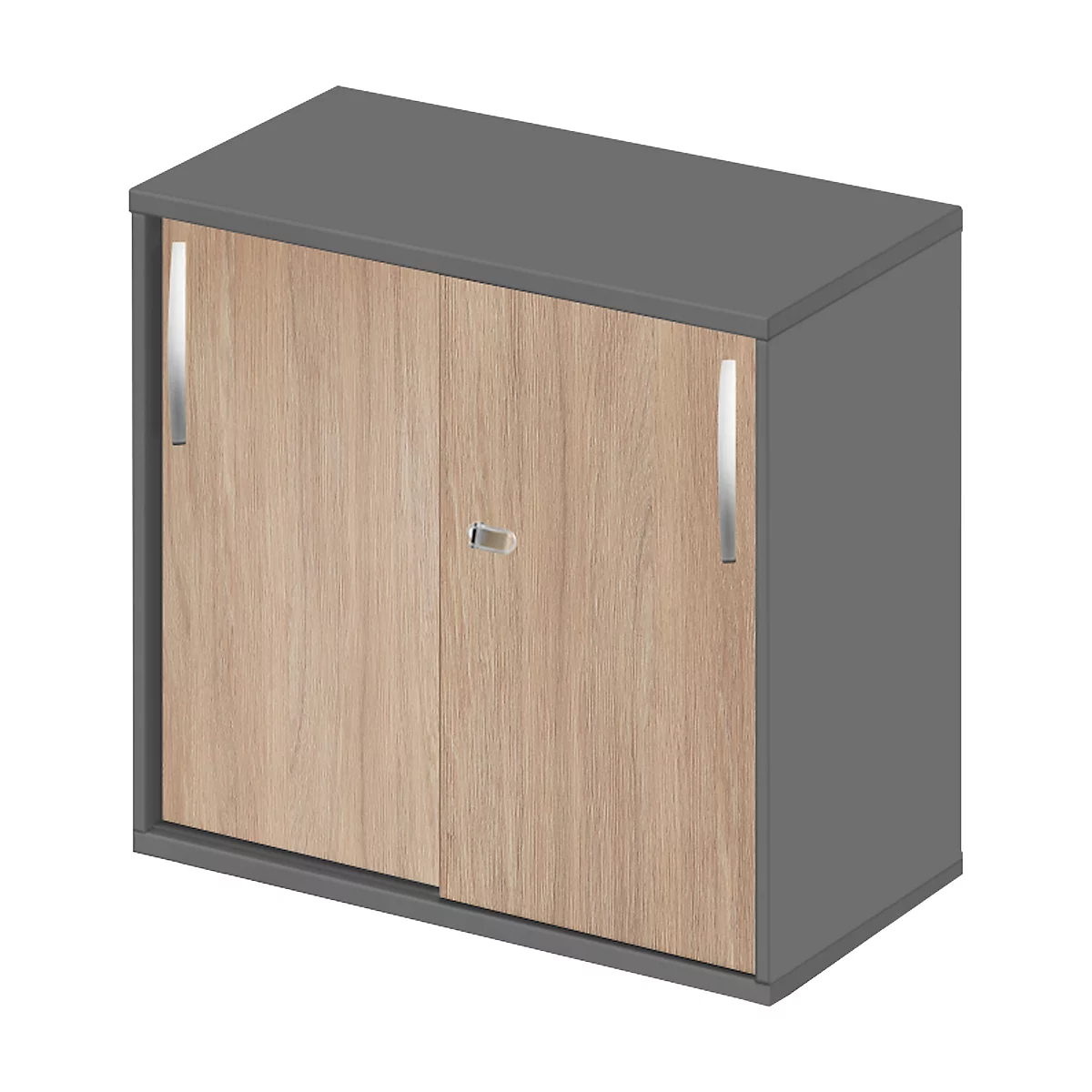Grauer Schrank mit Holzoptik-Türen und silbernen Griffen.