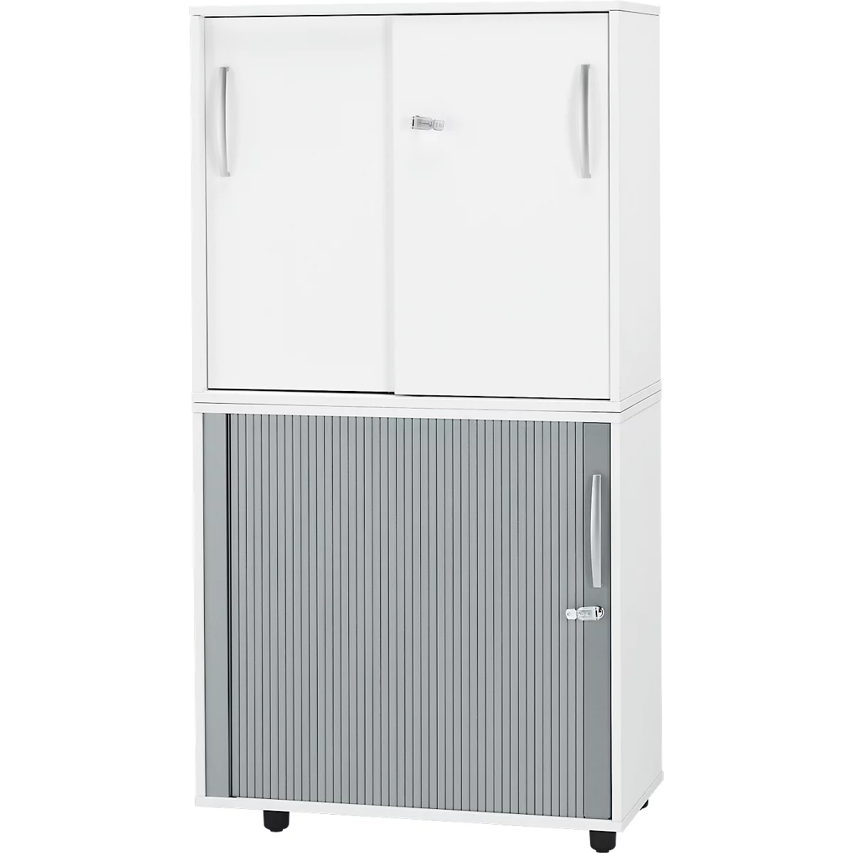 Weißes Büro-Schrank-Modul, zweiteilig, oben mit Doppeltüren, unten mit Rolltür, Rollenfüße.