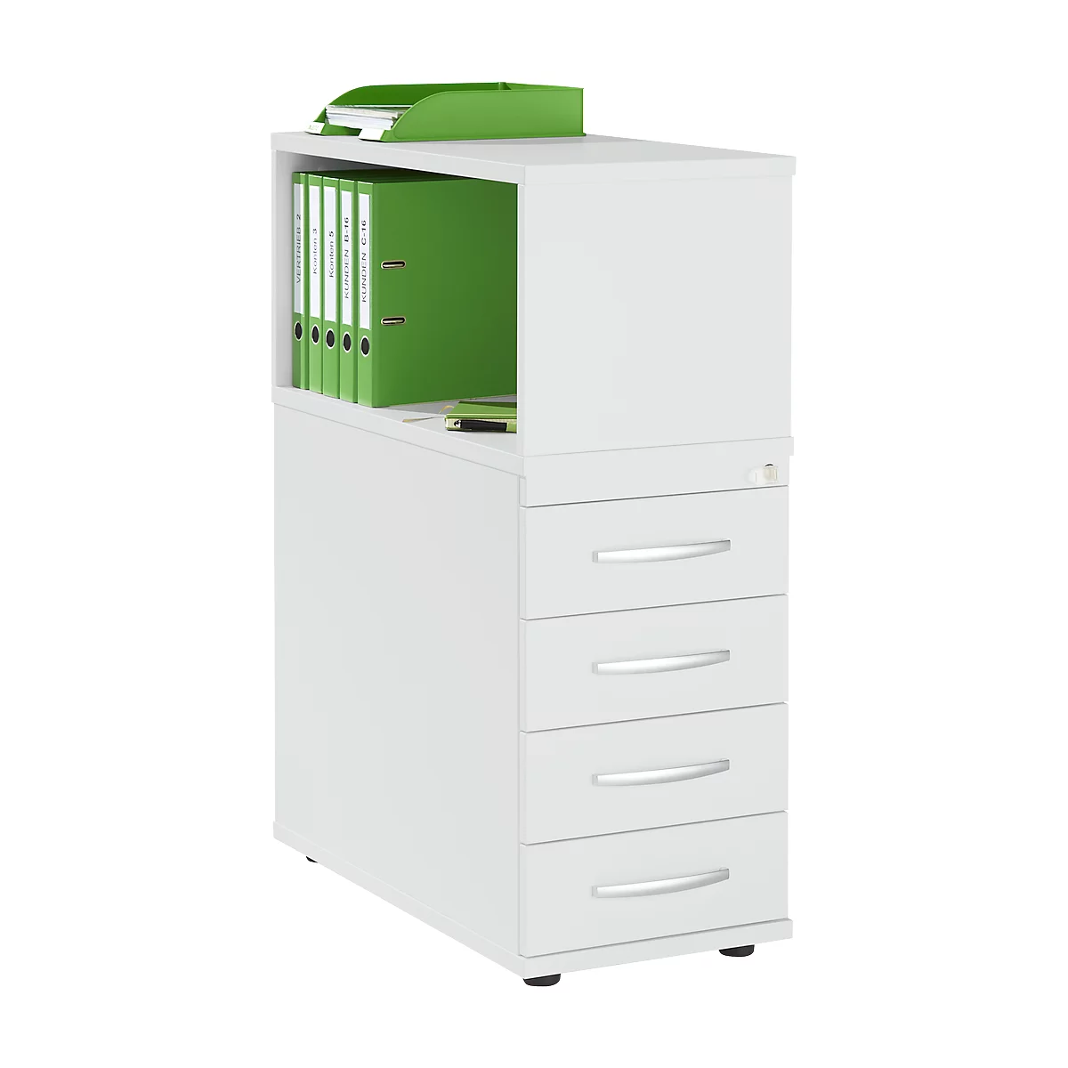 Schäfer Shop Select Anstellcontainer LOGIN, mit Aufsatzregal, 4 Schübe, B 409 x T 800 x H 1120 mm, Holz, abschließbar, lichtgrau/lichtgrau
