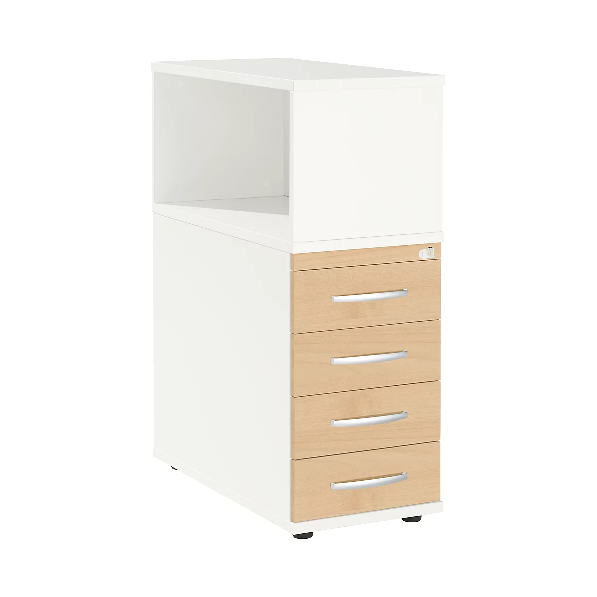 Schäfer Shop Select Anstellcontainer LOGIN, mit Aufsatzregal, 4 Schübe, B 409 x T 800 x H 1120 mm, Holz, abschließbar, weiß/Ahorn