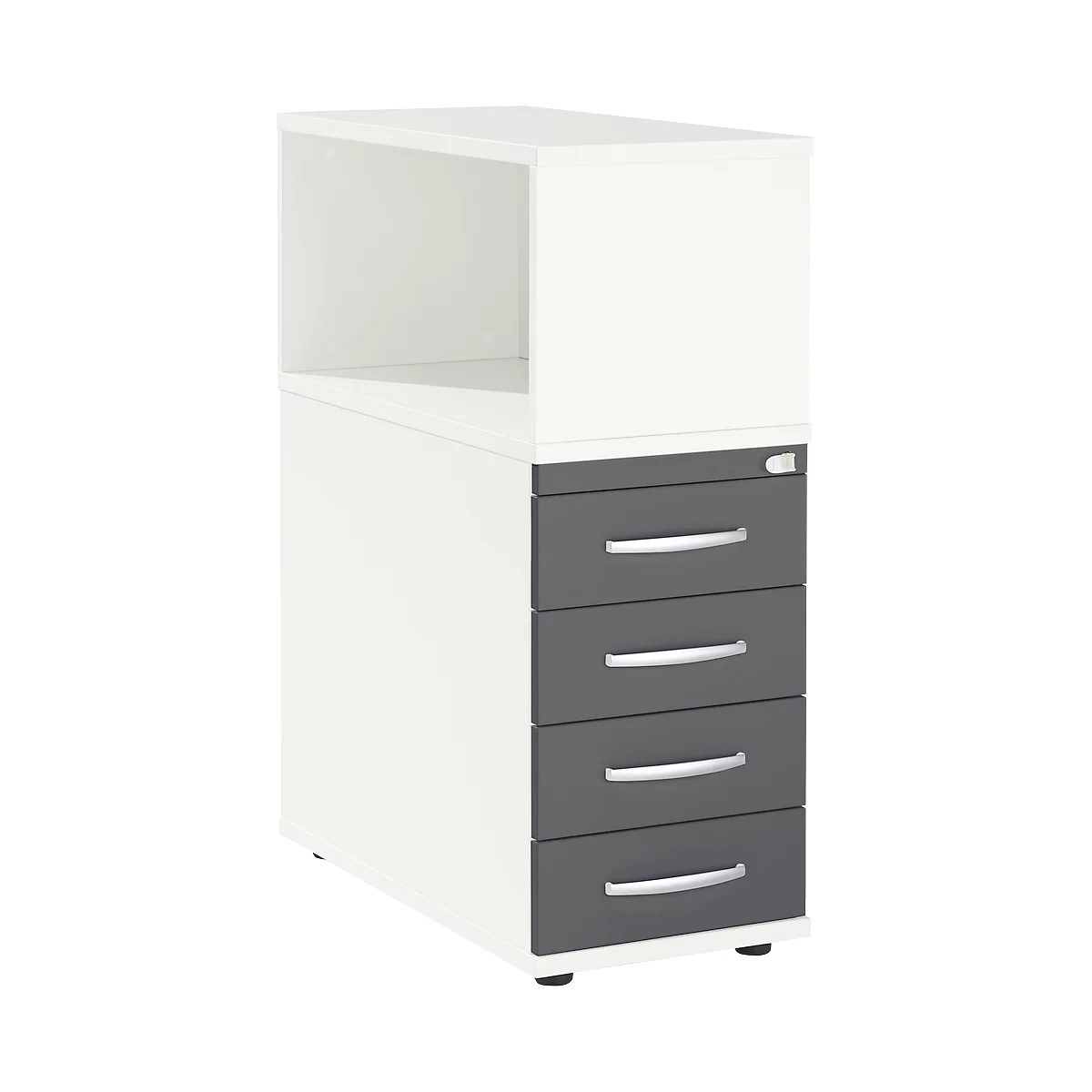 Schäfer Shop Select Anstellcontainer LOGIN, mit Aufsatzregal, 4 Schübe, B 409 x T 800 x H 1120 mm, Holz, abschließbar, weiß/graphit