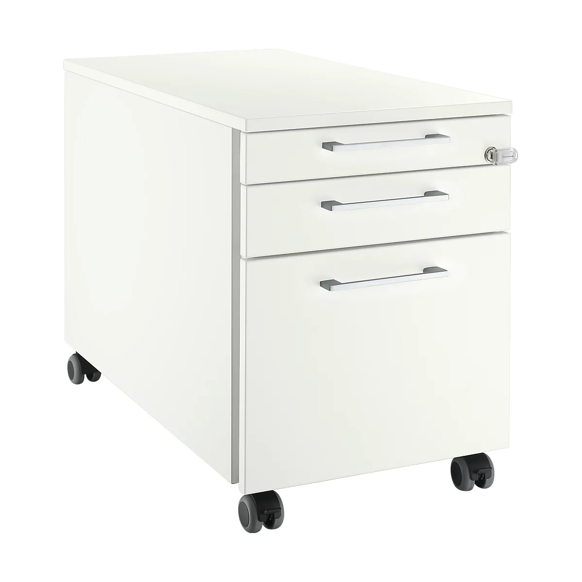 Schäfer Shop Select Archivador con ruedas 126, 3 cajones, tirador cuadrado, blanco/blanco