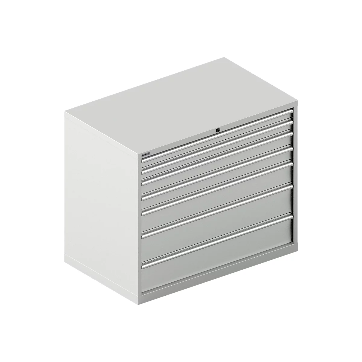 Caja de herramientas gris con siete cajones. Cajón superior cerrado.