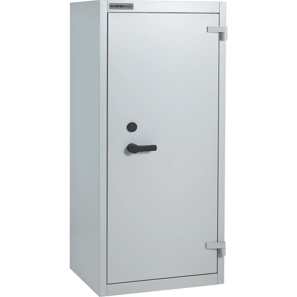 Caja fuerte gris sobre fondo neutro. Manija y perilla negras.