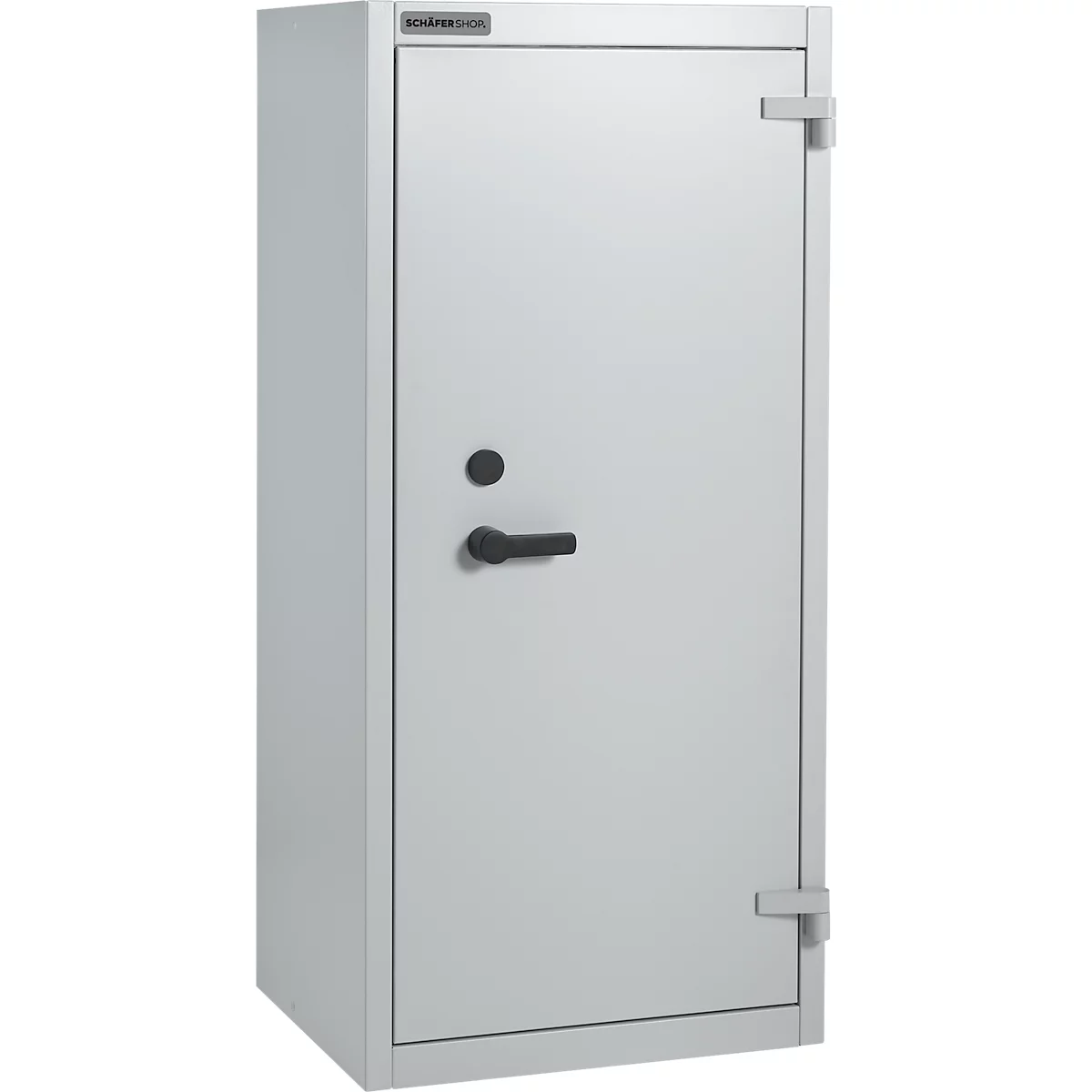 Caja fuerte gris con manija y cerradura de cilindro sobre un fondo neutro.