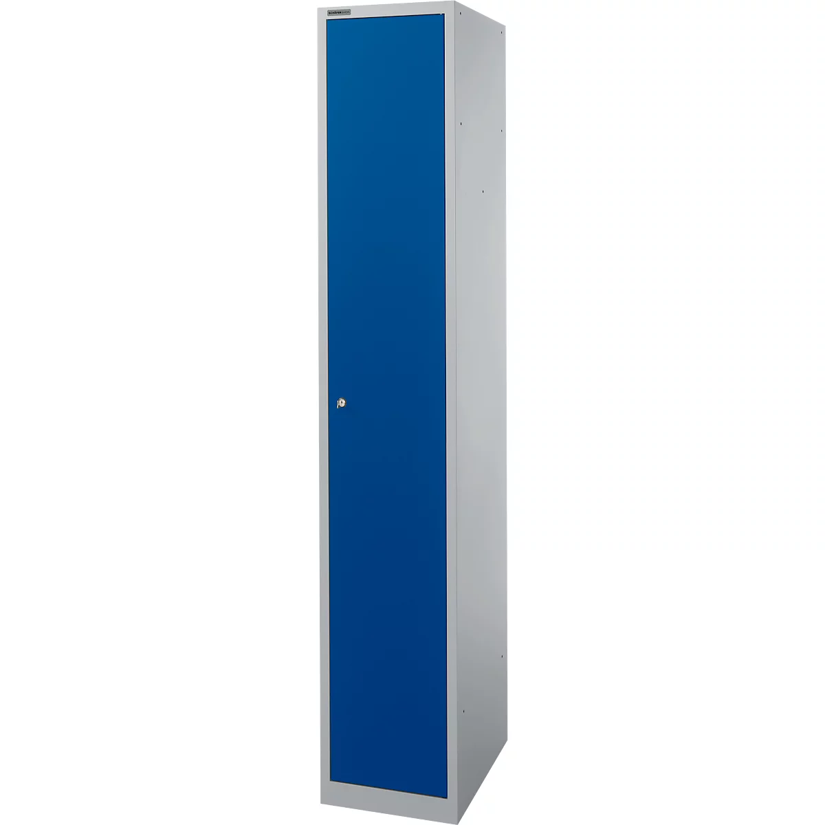 Schäfer Shop Select Armario de guardarropa, 1 compartimento de 350 mm de ancho, 2 compartimentos, estante para sombreros y barra para ropa, con cerradura, aluminio blanco/azul genciana