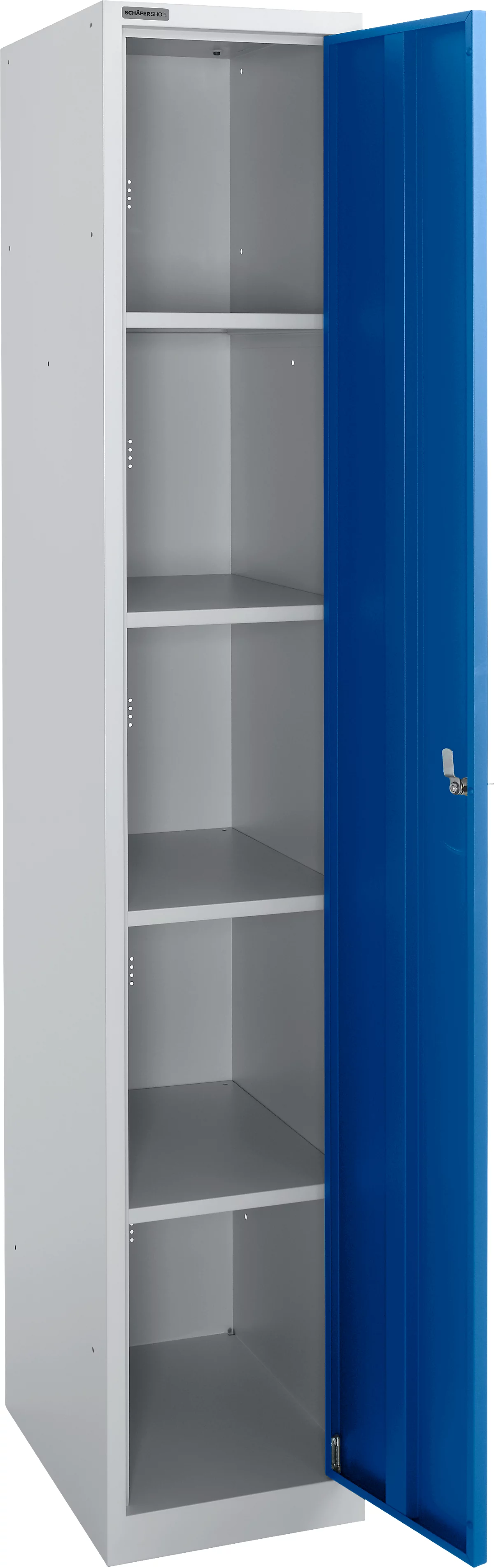 Schäfer Shop Select Armario de guardarropa, 1 compartimento de 350 mm de ancho, 5 compartimentos con 4 estantes, con cerradura, aluminio blanco/azul genciana