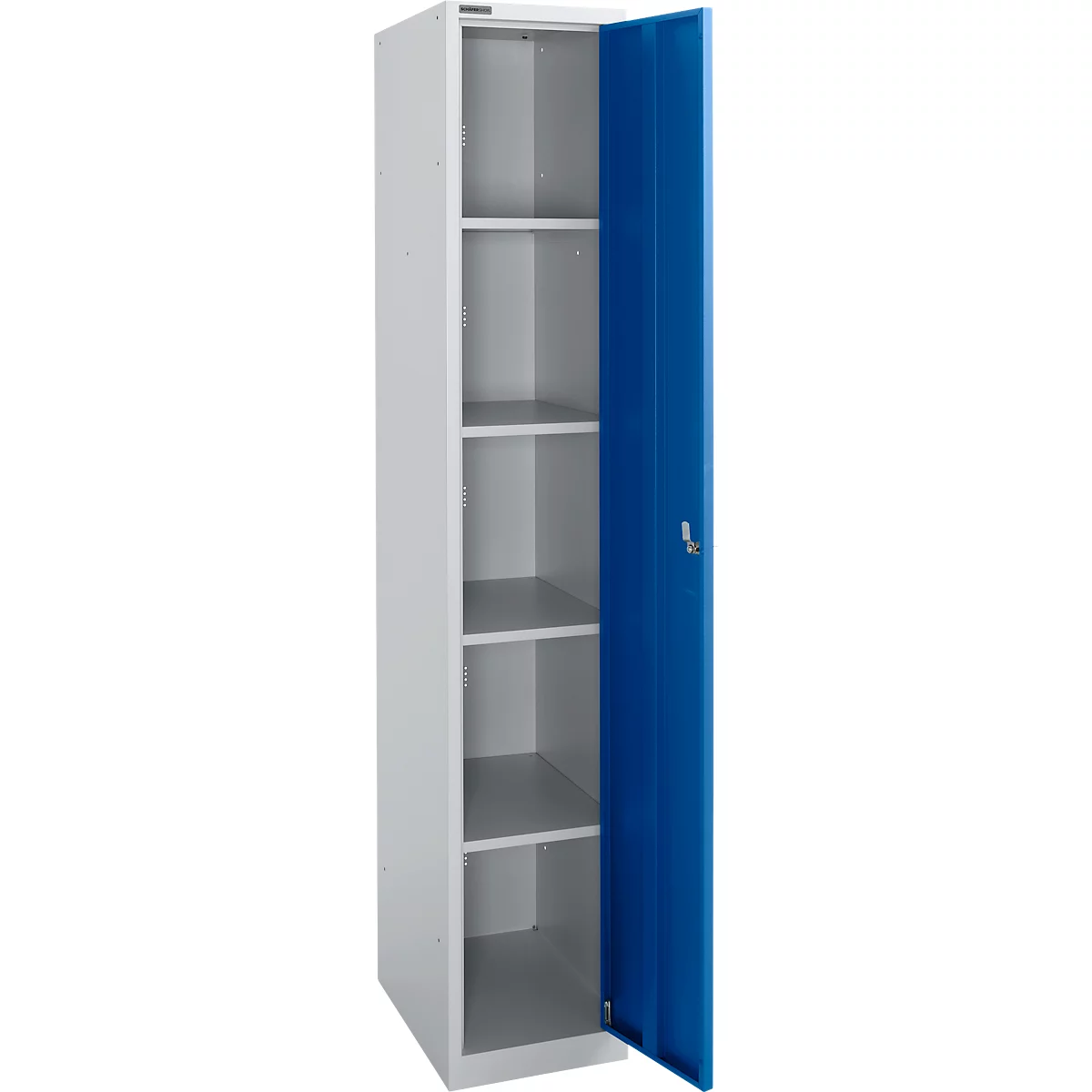 Schäfer Shop Select Armario de guardarropa, 1 compartimento de 350 mm de ancho, 5 compartimentos con 4 estantes, con cerradura, aluminio blanco/azul genciana