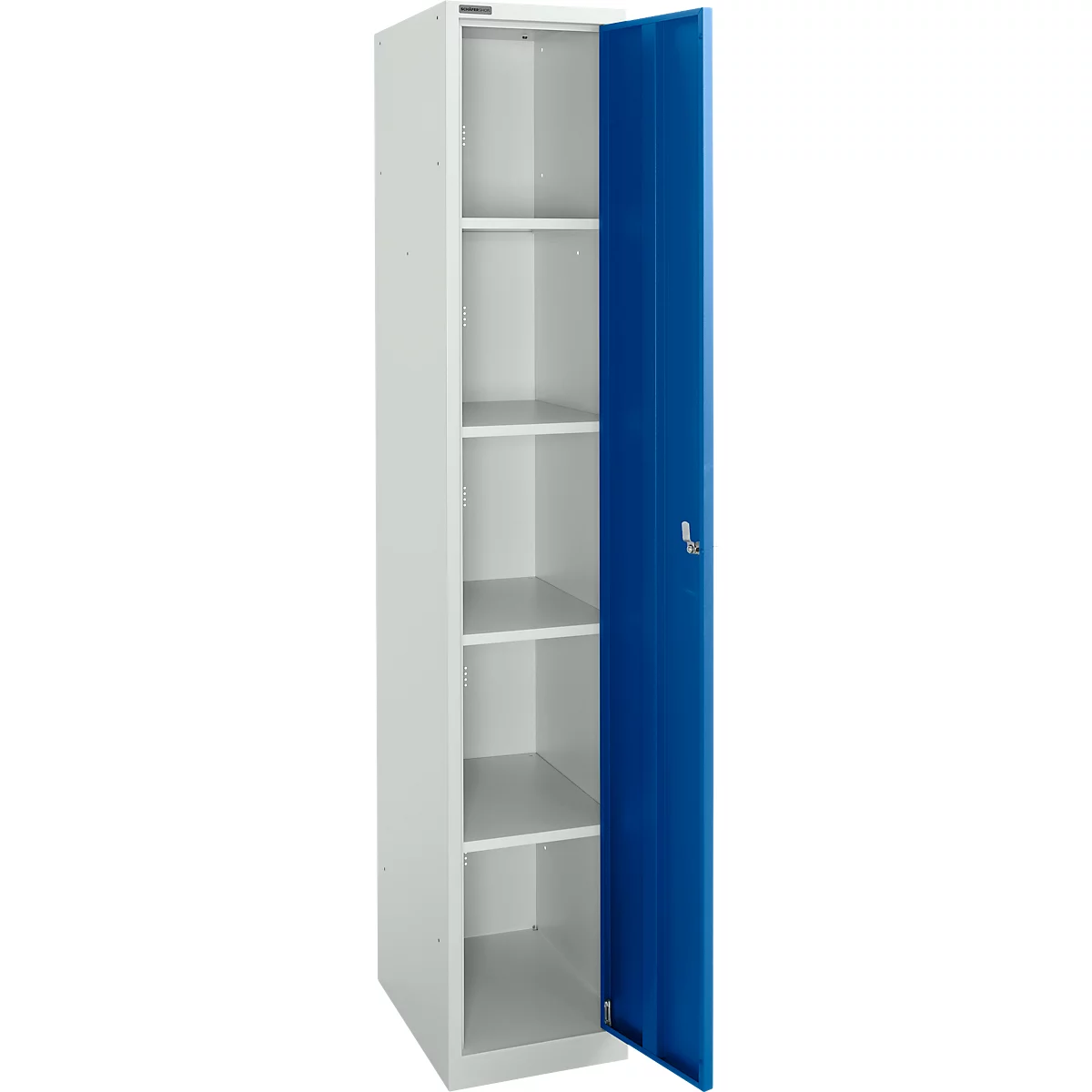 Schäfer Shop Select Armario de guardarropa, 1 compartimento de 350 mm de ancho, 5 compartimentos con 4 estantes, con cerradura, gris claro/azul genciana