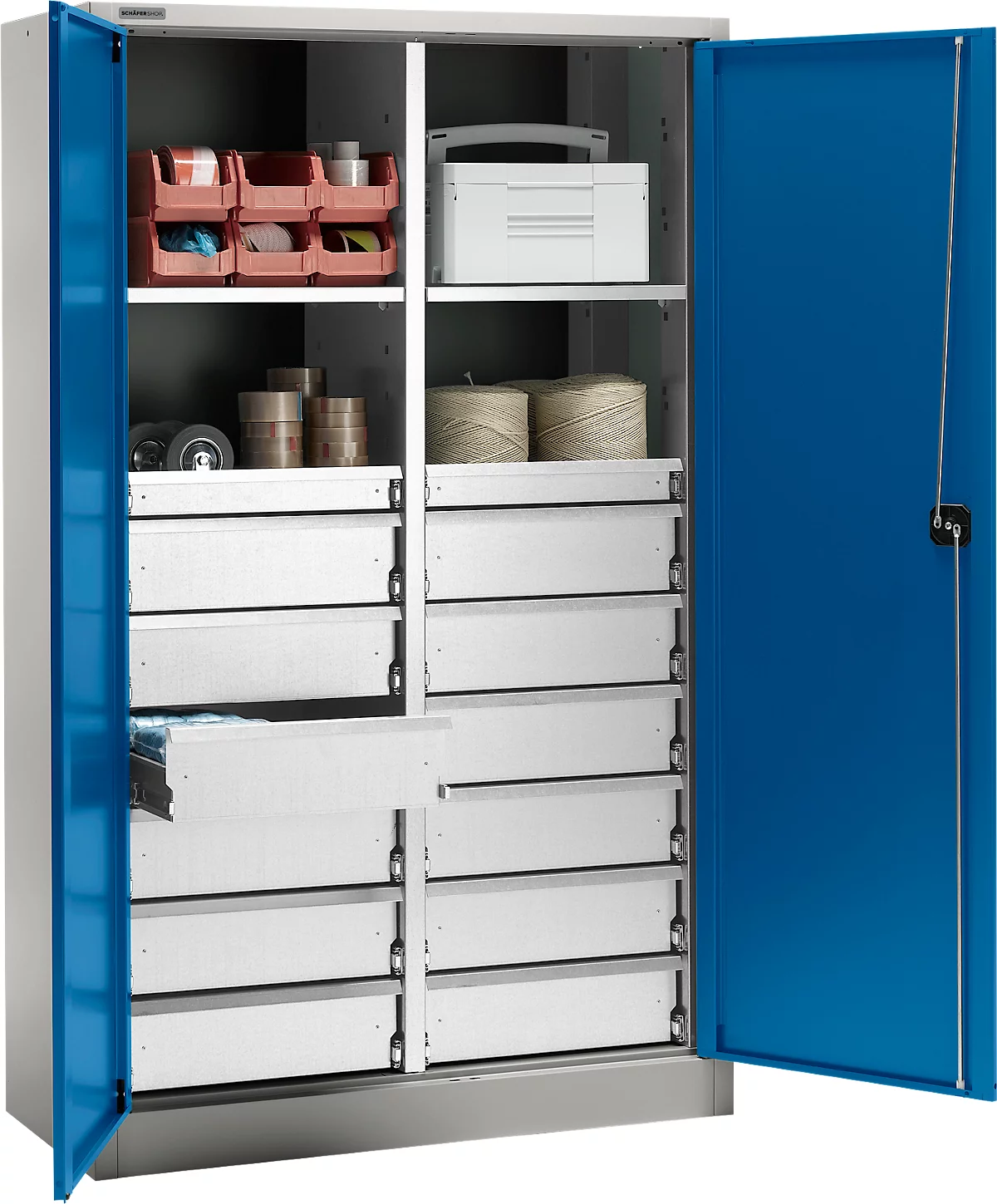Schäfer Shop Select Armario de material MS 2509, con 14 cajones, A 950 x P 500 x A 1935 mm, chapa fina, gris claro/azul marino