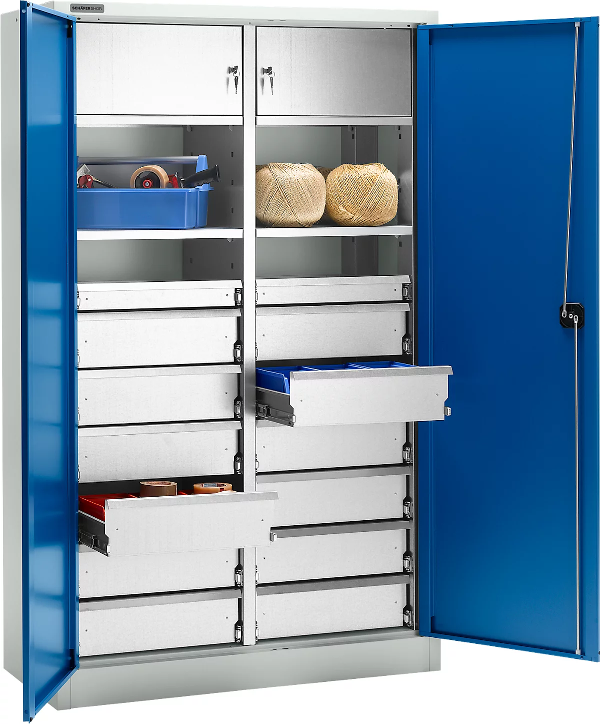 Schäfer Shop Select Armario de material MS 2509, con 14 cajones, con caja de seguridad, ancho 950 x fondo 500 x alto 1935 mm, chapa fina, gris claro/azul benigno