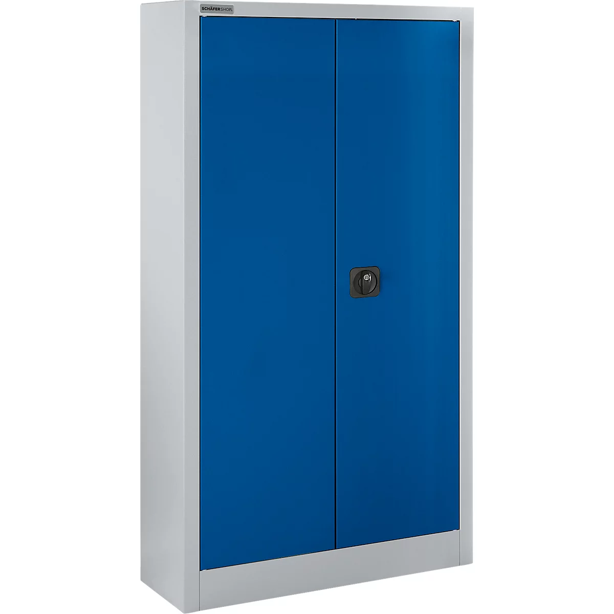 Armario de acero azul con puertas dobles, marco plateado y manija negra.
