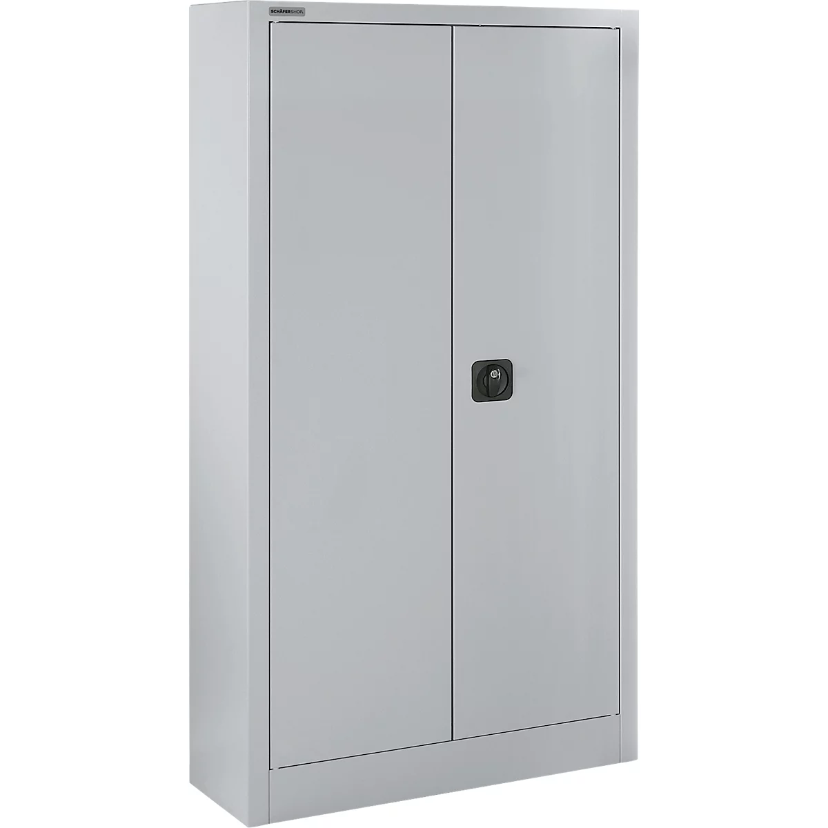 Armario de acero gris con dos puertas y un tirador negro. Un armario para guardar cosas.