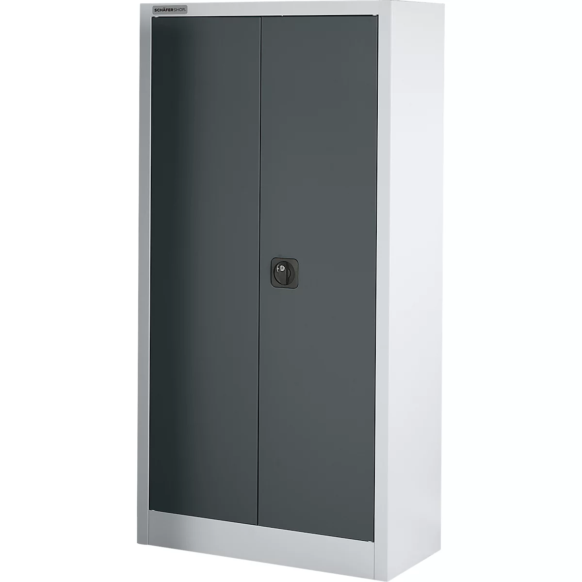 Un armario de acero gris con dos puertas, un asa y un marco blanco. Hay texto en la parte superior.
