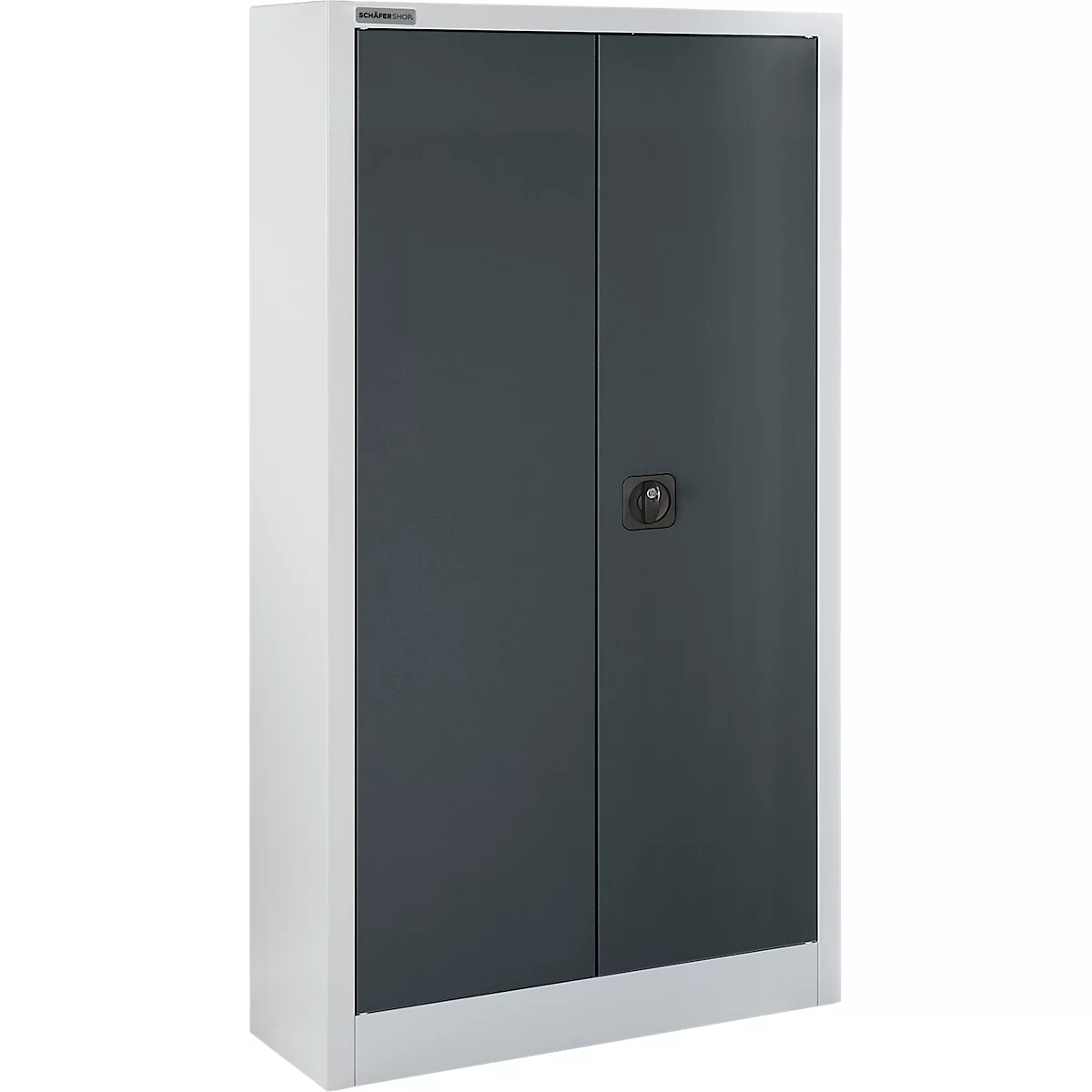 Armario metálico en gris y blanco. El armario tiene dos puertas con un asa redonda.