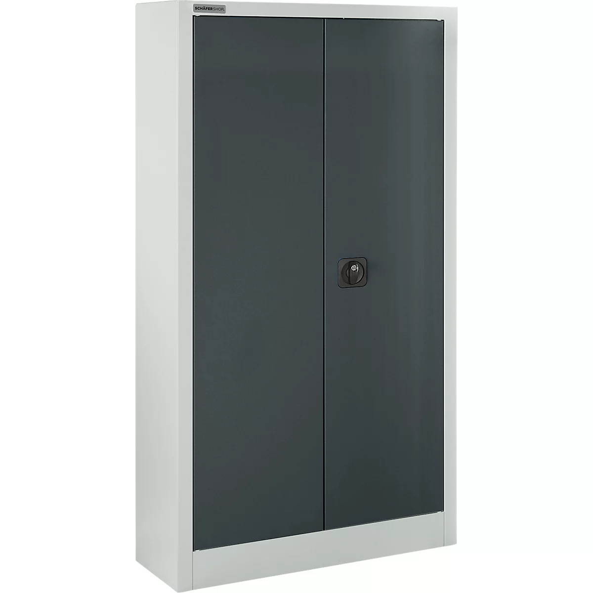 Armario de acero gris con dos puertas, marco plateado y manija oscura.
