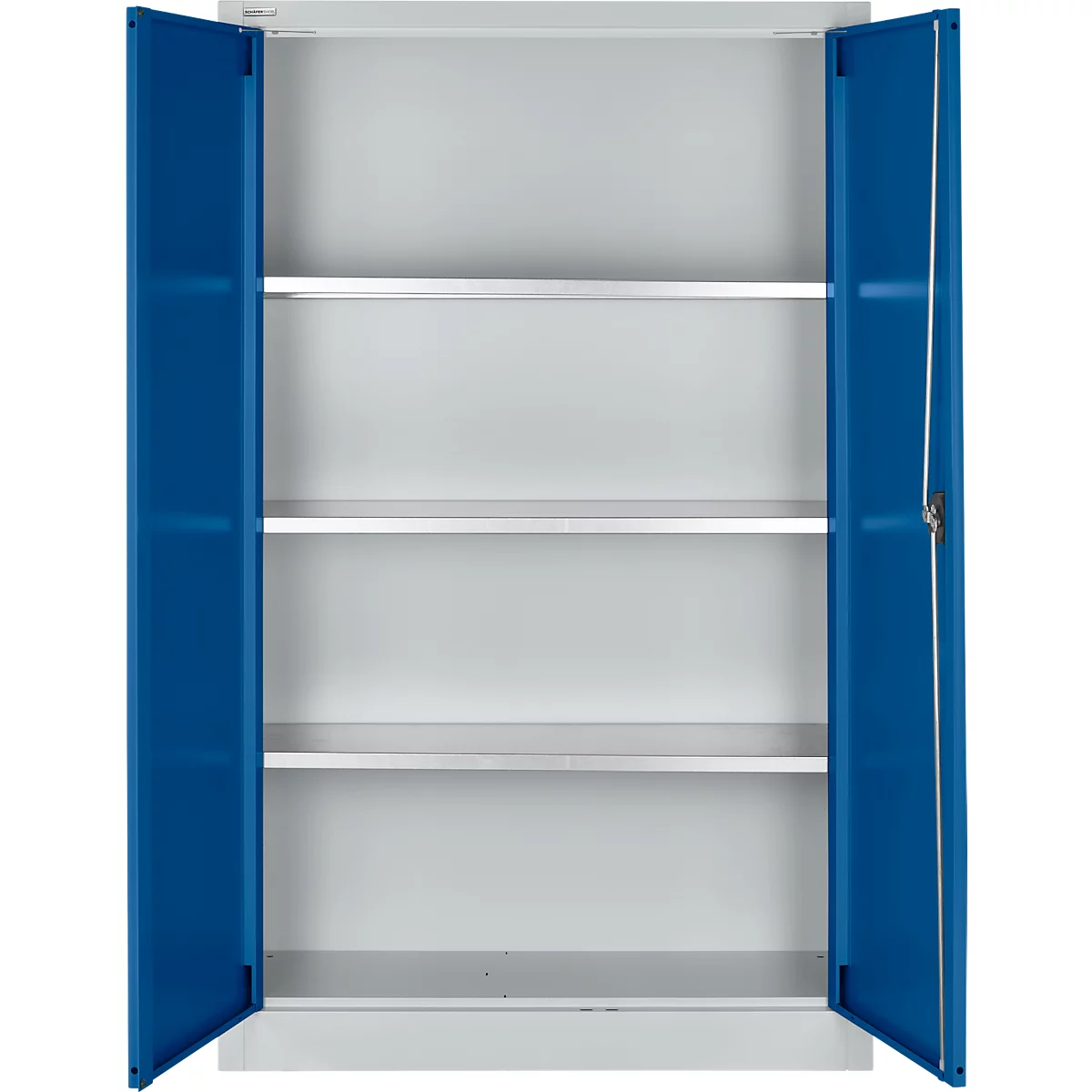 Schäfer Shop Select Armario de material MSI 16409, ancho 950 x fondo 400 x alto 1535 mm, 3 estantes, acero, aluminio blanco RAL 9006/azul benigno RAL 5010