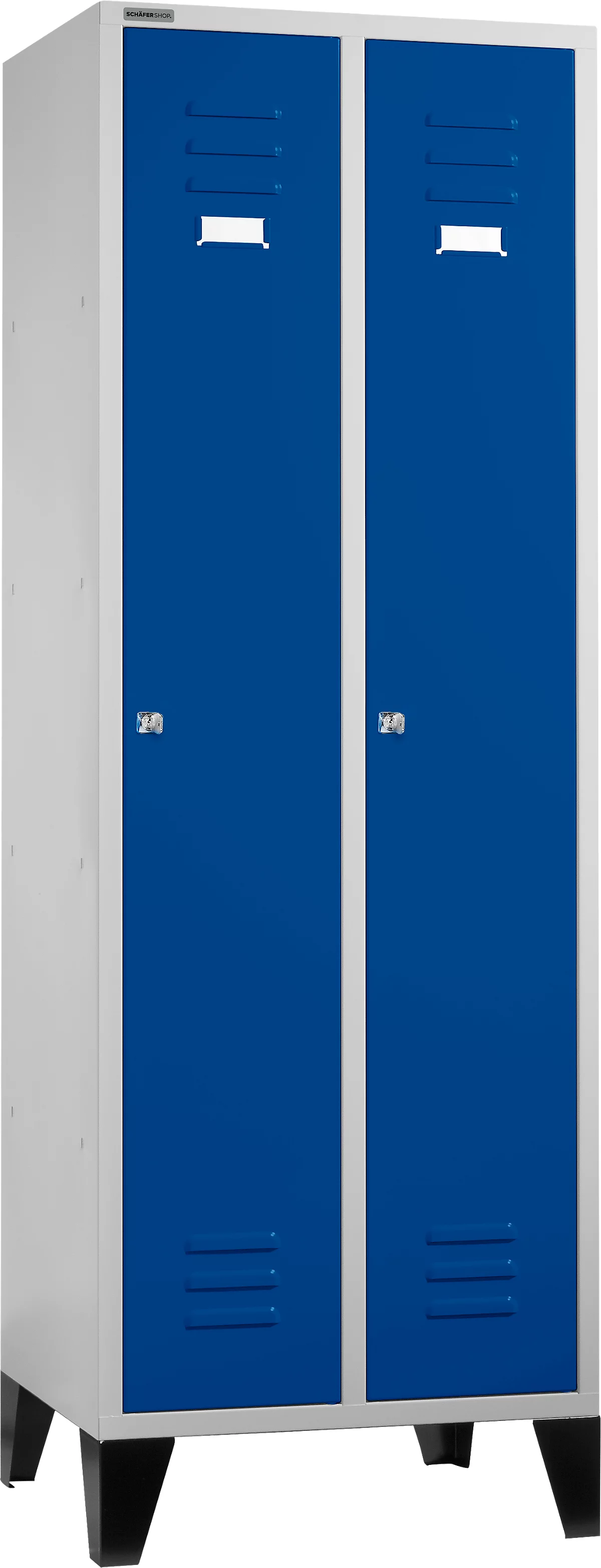 Schäfer Shop Select Armario de materiales con patas, cerradura de cilindro, gris luminoso/azul genciana