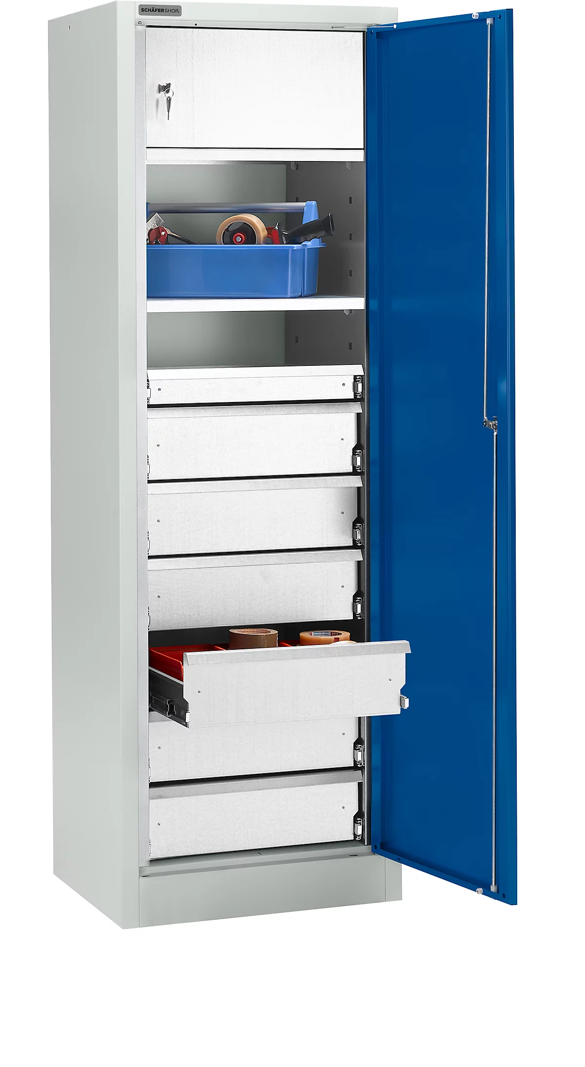 Schäfer Shop Select Armario para materiales MS 2506, con 7 cajones, con caja de seguridad, An. 600 x Pr. 500 x Al. 1935 mm, chapa fina, gris claro/azul benigno
