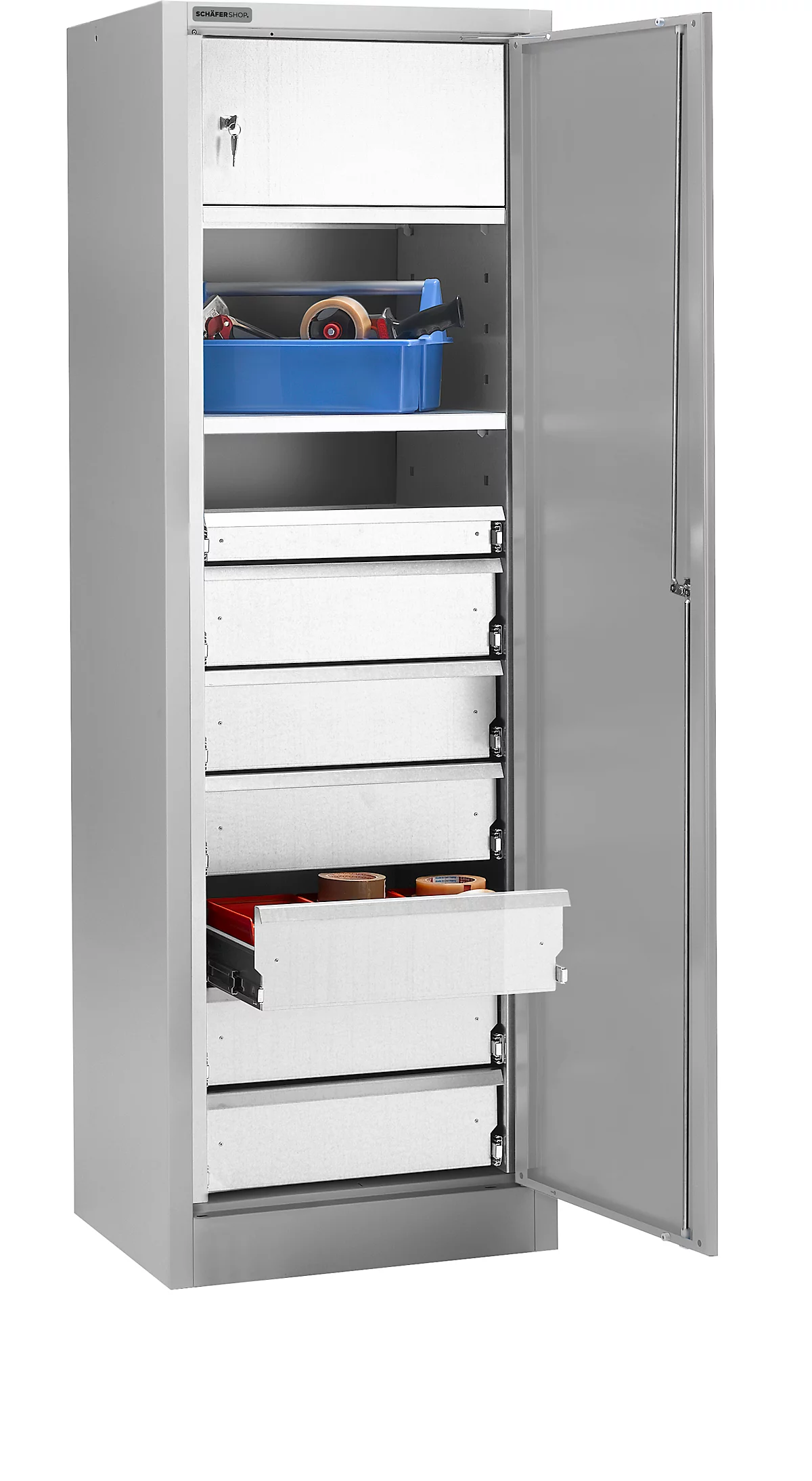 Schäfer Shop Select Armario para materiales MS 2506, con 7 cajones, con caja de seguridad, ancho 600 x fondo 500 x alto 1935 mm, chapa fina, aluminio blanco